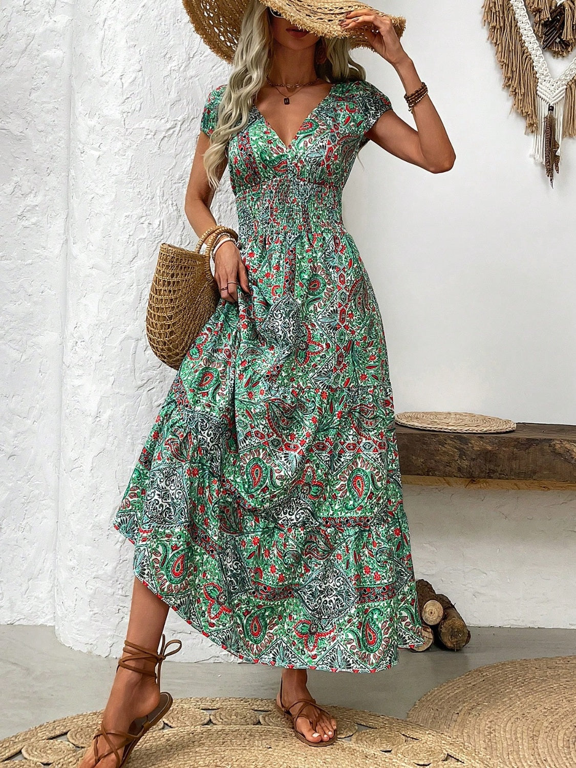 Smocked Printed Cap Sleeve Midi Dress (2 Variants)