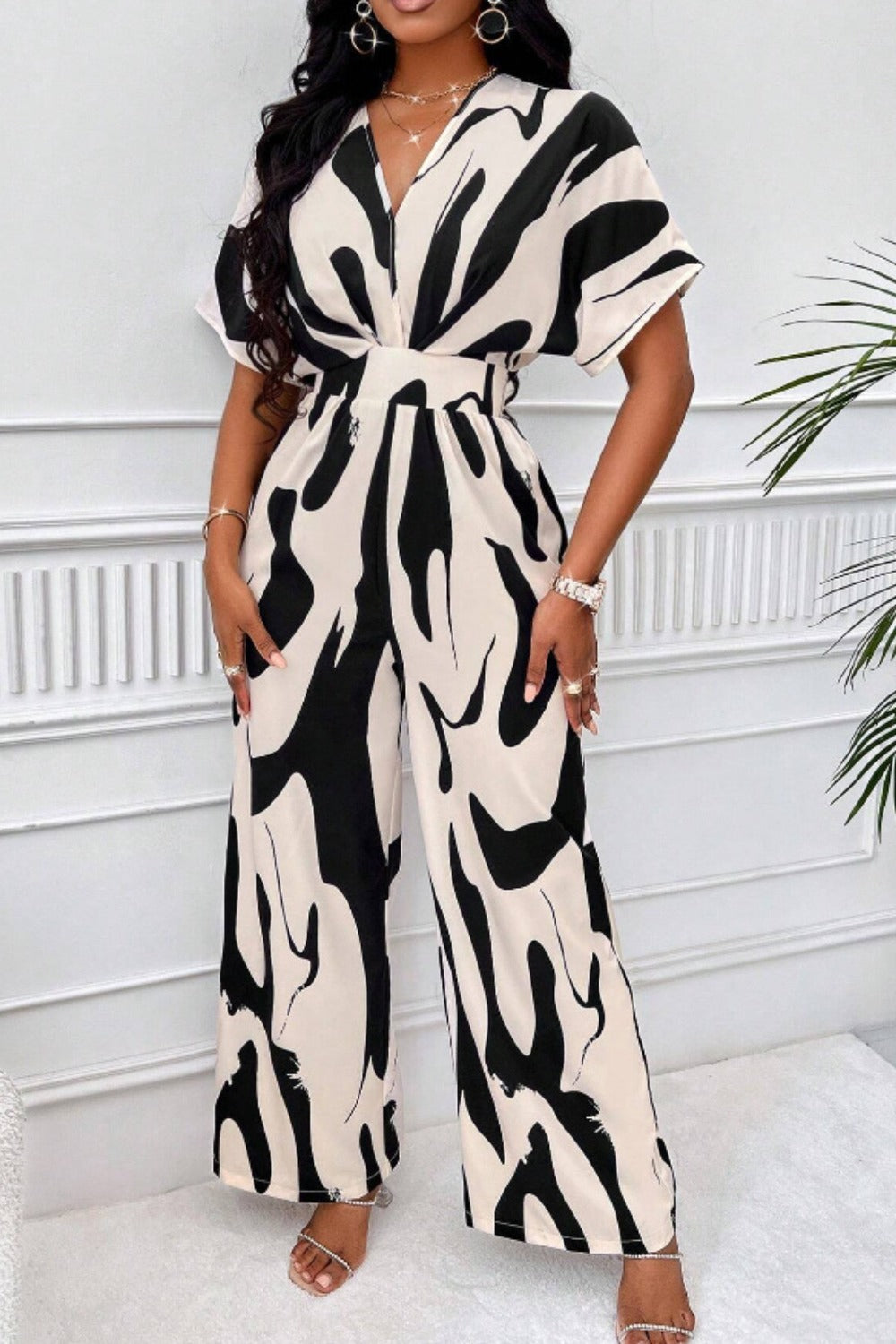 Printed V-Neck Short Sleeve Wide Leg Jumpsuit (4 Variants)