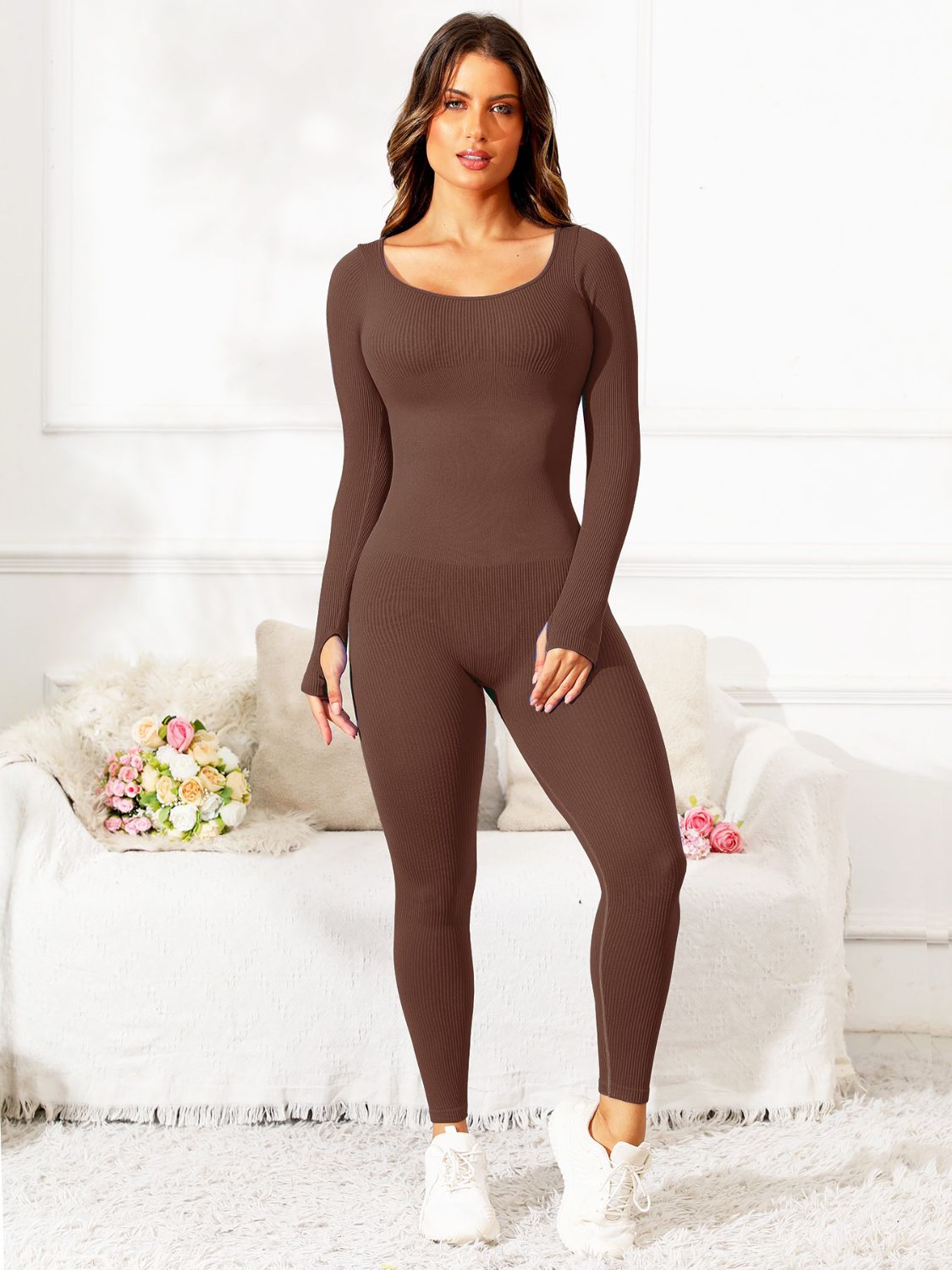 Scoop Neck Long Sleeve Active Jumpsuit (5 Variants)