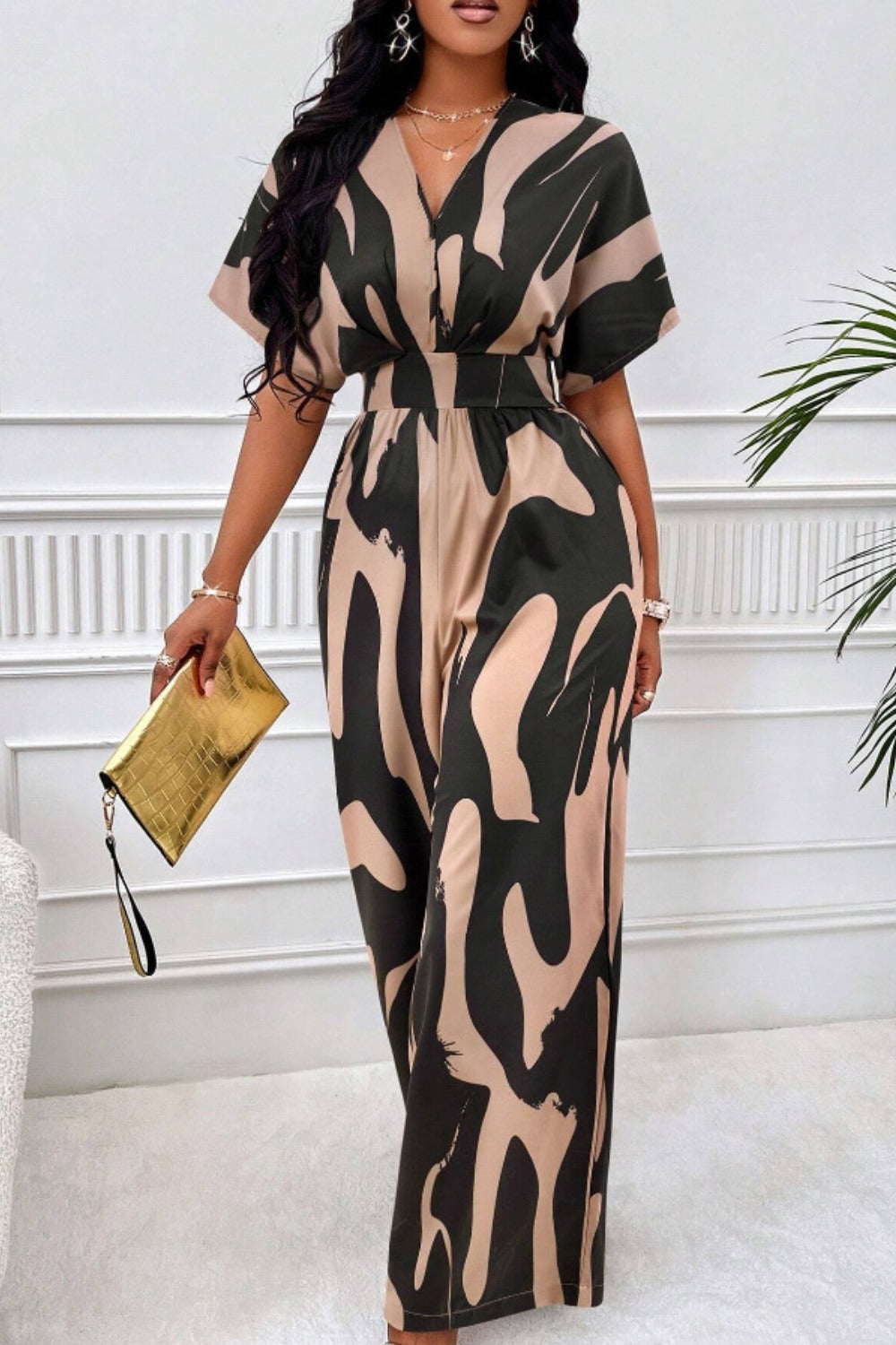 Printed V-Neck Short Sleeve Wide Leg Jumpsuit (4 Variants)