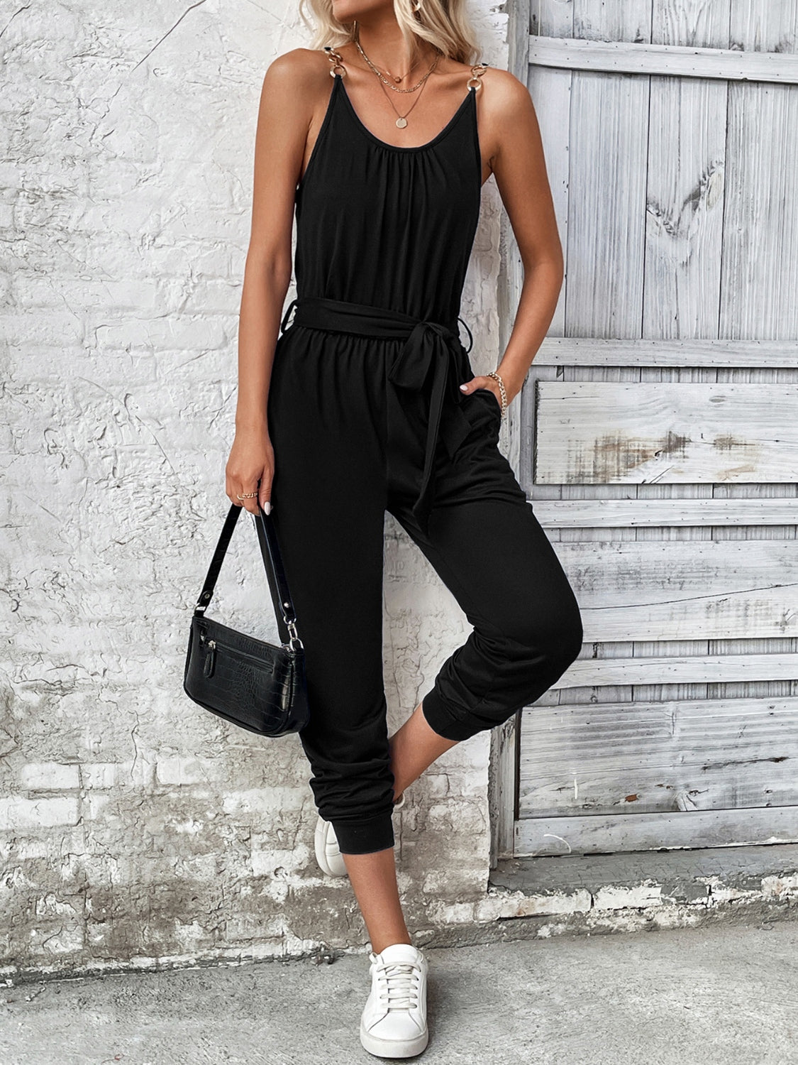 Scoop Neck Tie Waist Jumpsuit (2 Variants)