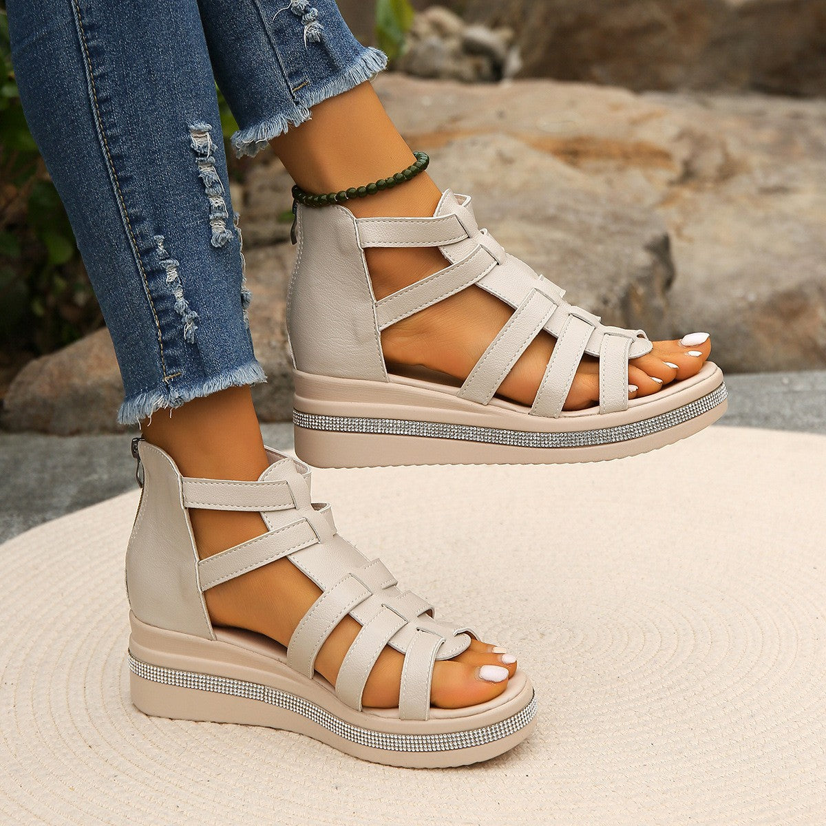 Cutout Rhinestone Trim Wedge Sandals (2 Variants)