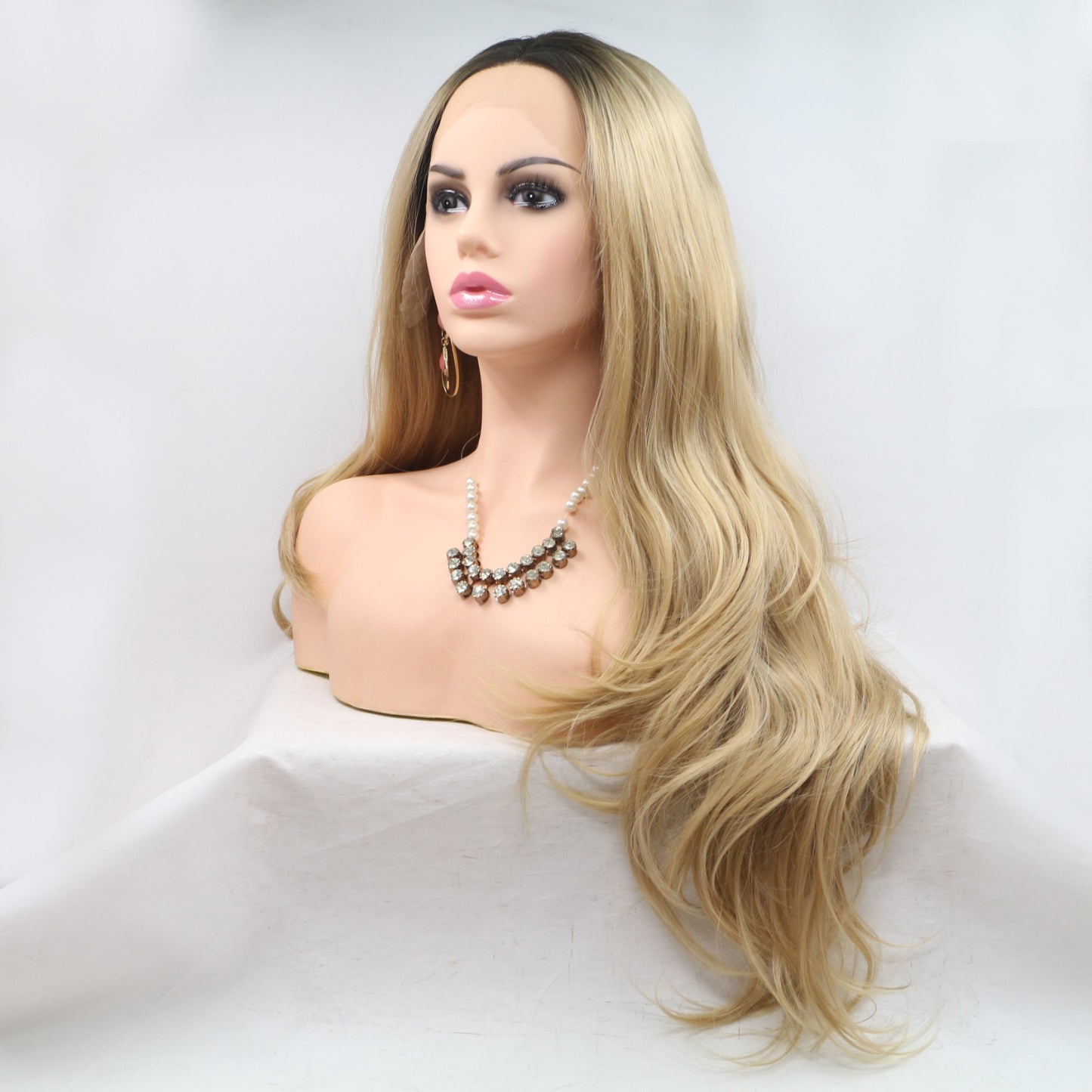 24'' Blonde/Brown Root Lace Front Long Loose Wave Synthetic Wig