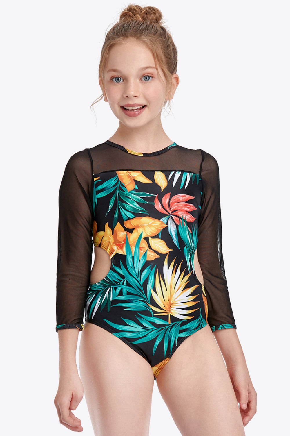 Girls Printed Round Neck Cutout One-Piece Swimsuit