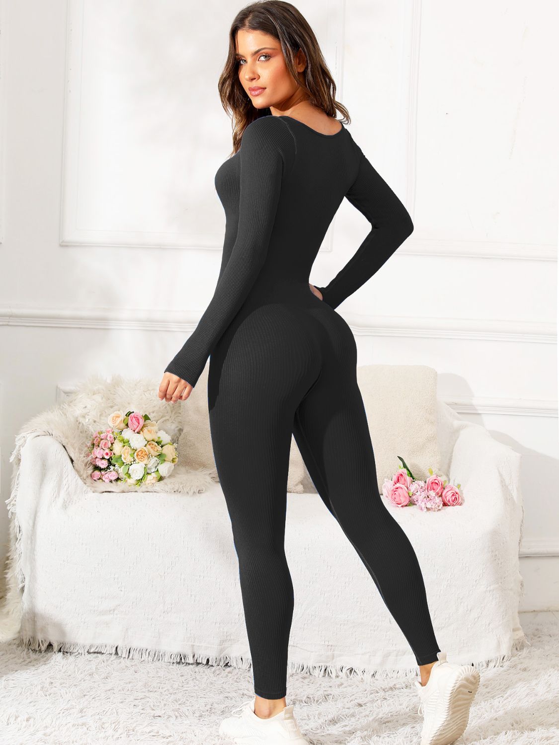 Scoop Neck Long Sleeve Active Jumpsuit (5 Variants)