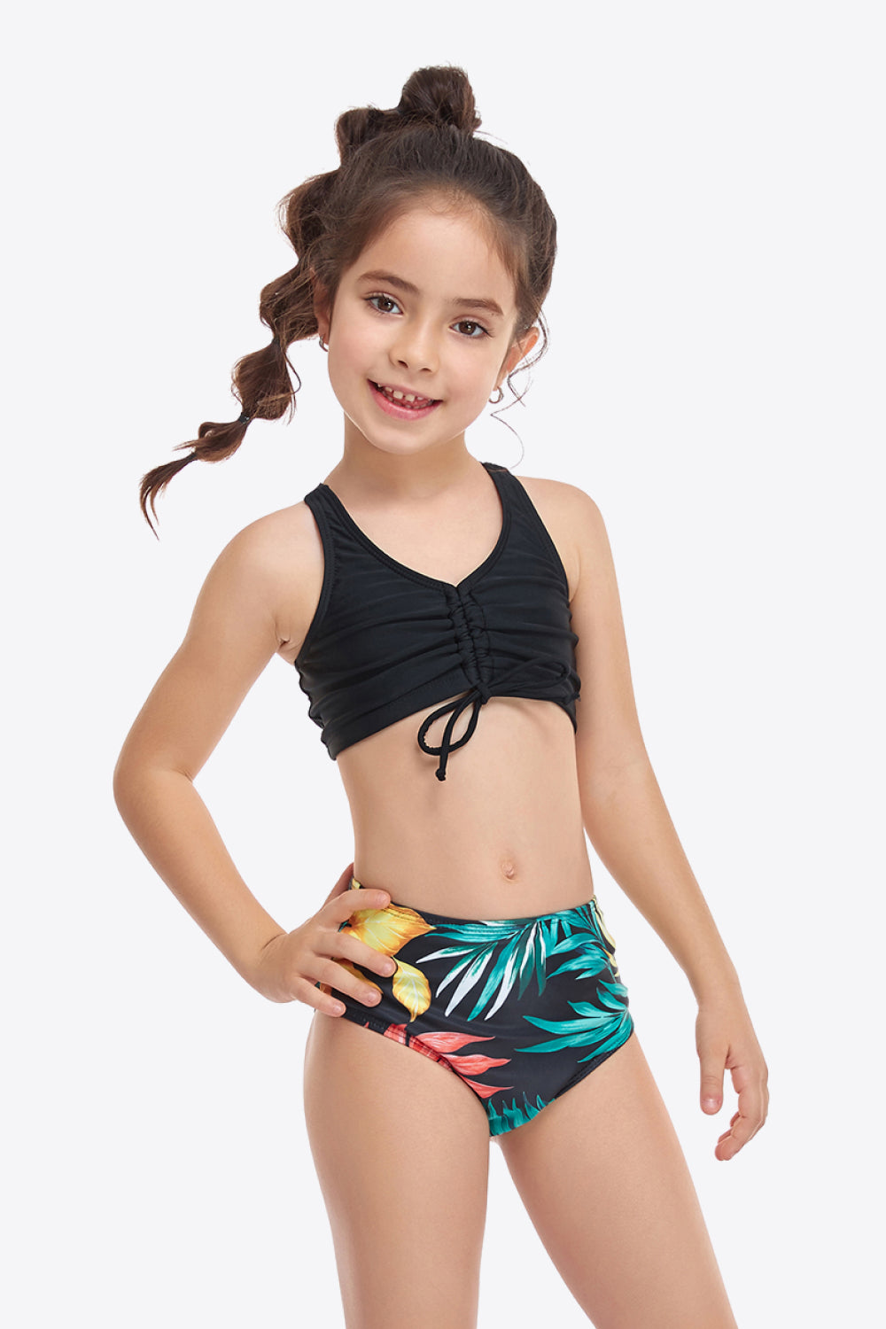 Printed Drawstring Ruched Two-Piece Swim Set