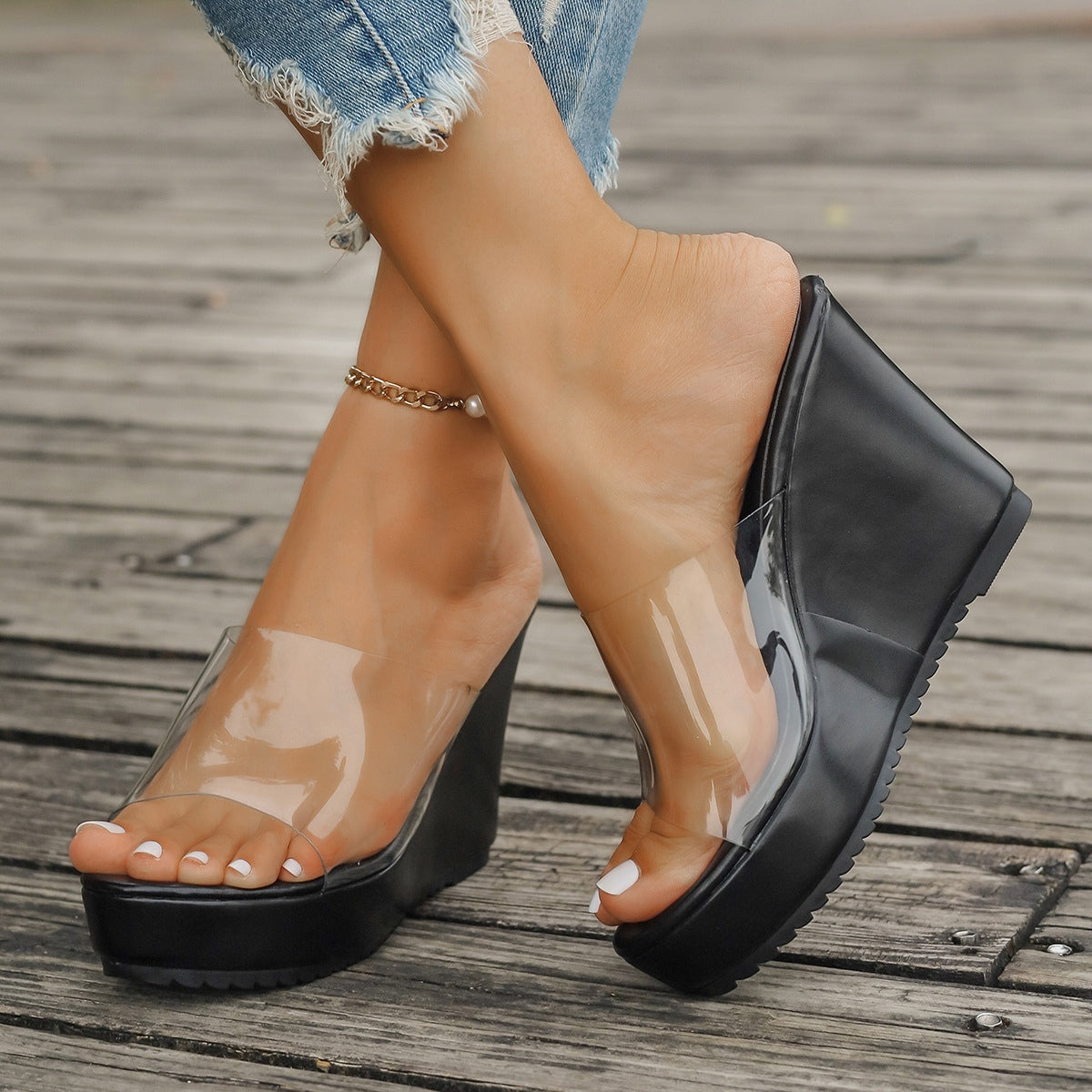 Clearly Stacked Open Toe Wedge Sandals