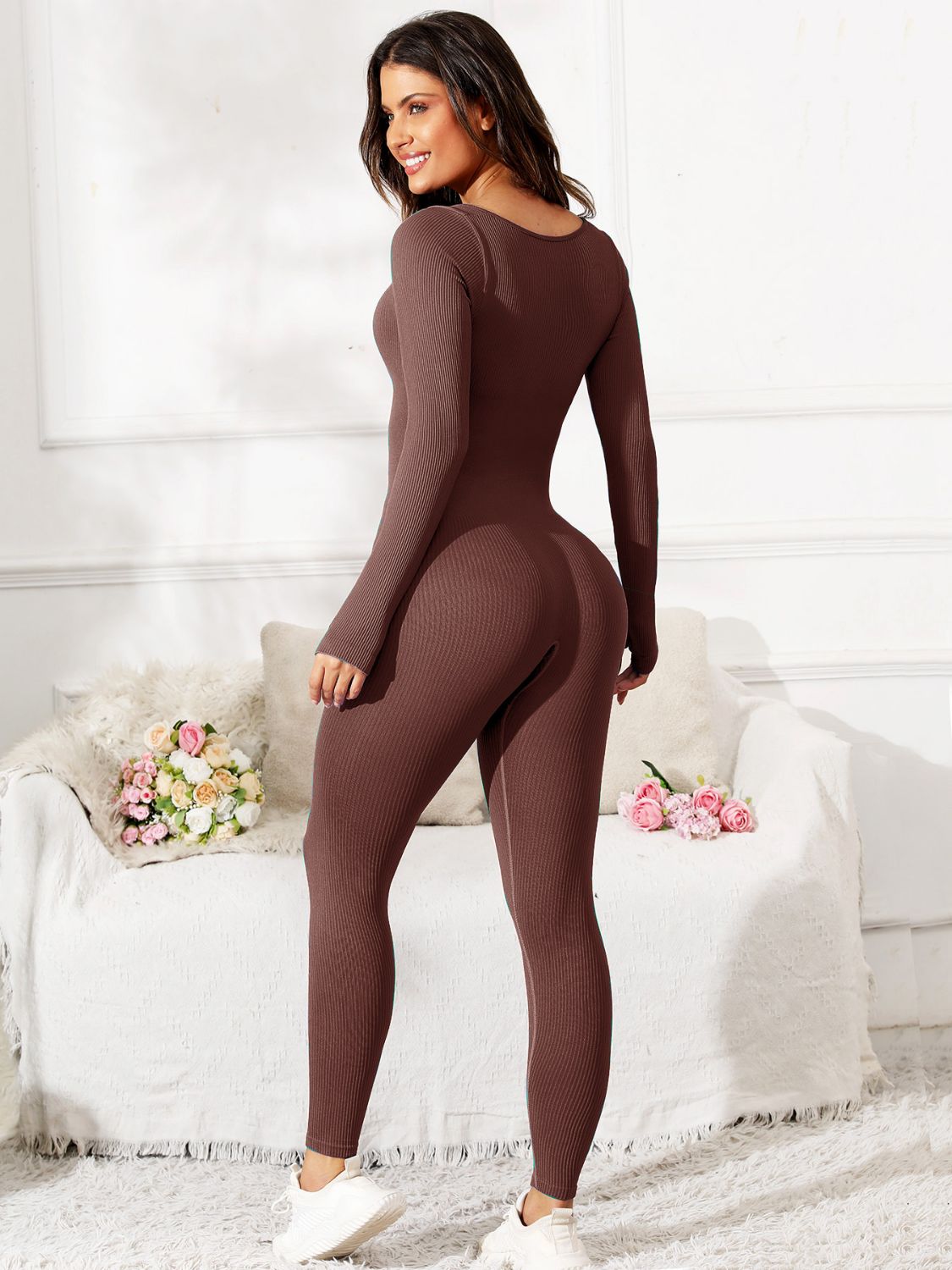 Scoop Neck Long Sleeve Active Jumpsuit (5 Variants)