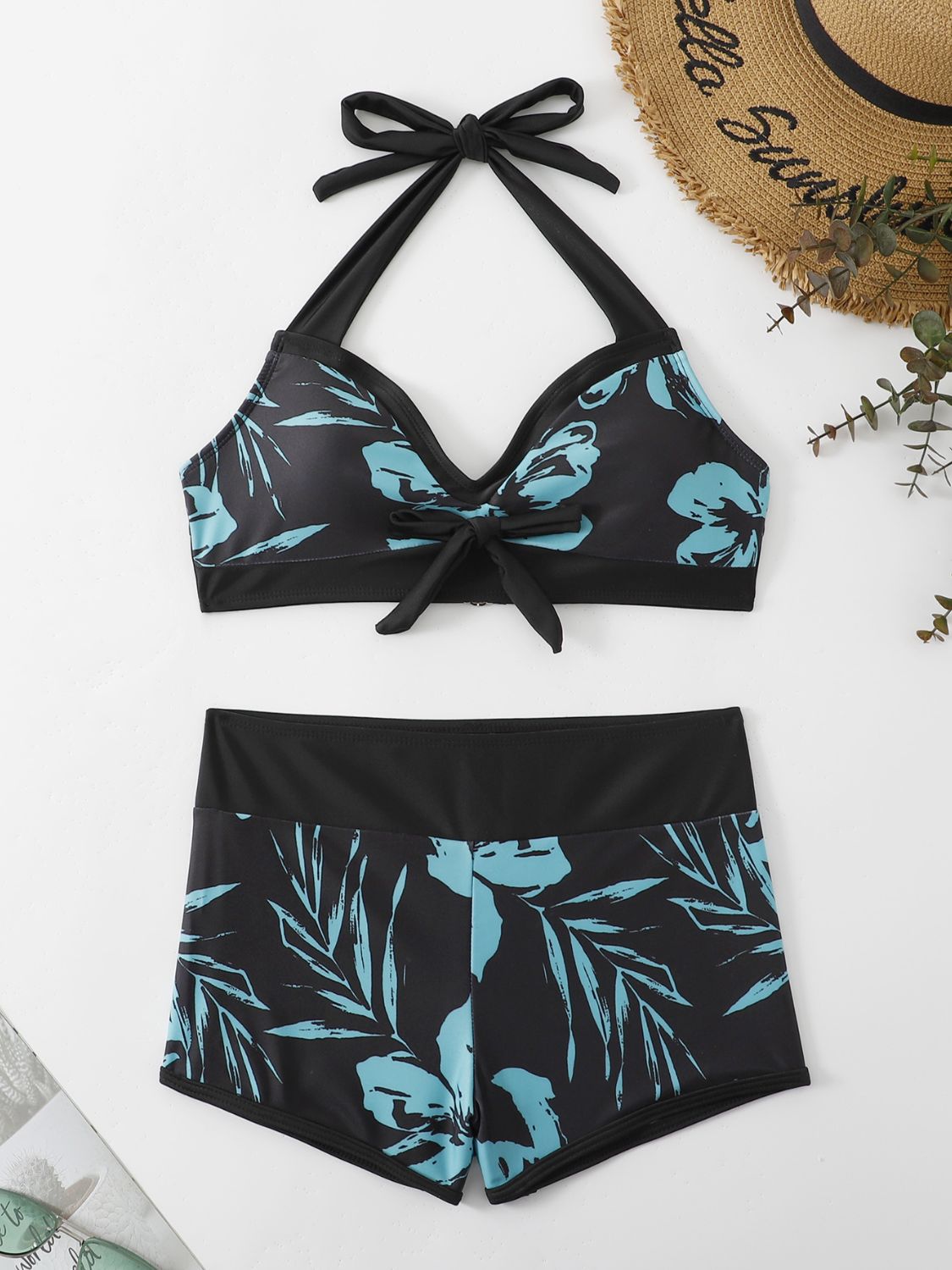 Black/Aqua Halter Top Two-Piece Swim Bikini Set