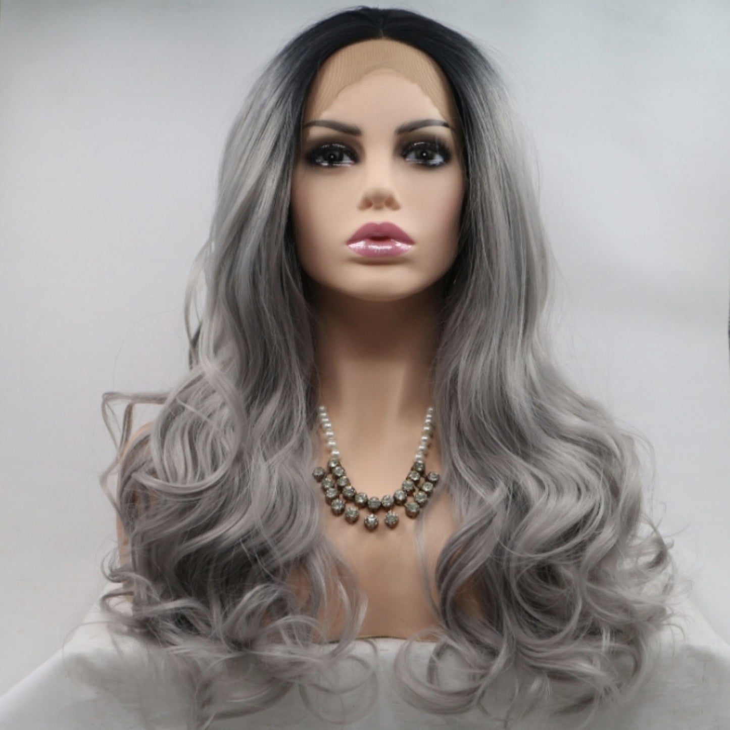 24'' Gray/Black Ombre Lace Front Synthetic Long Wave Wig