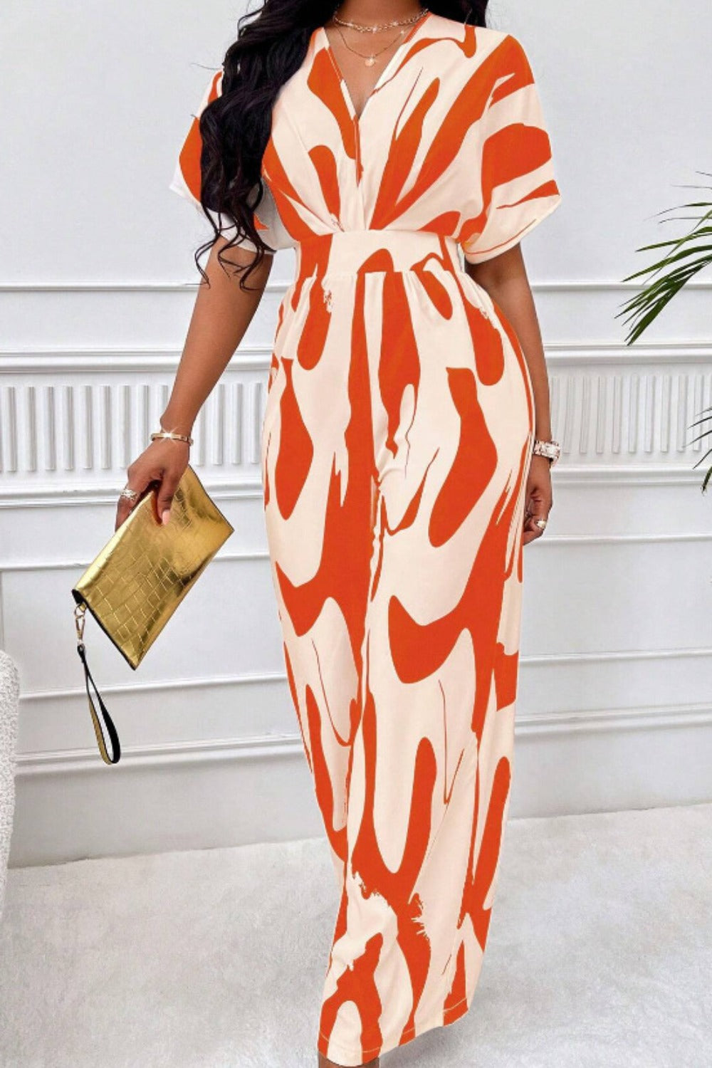 Printed V-Neck Short Sleeve Wide Leg Jumpsuit (4 Variants)