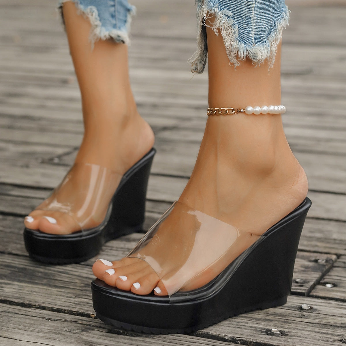 Clearly Stacked Open Toe Wedge Sandals