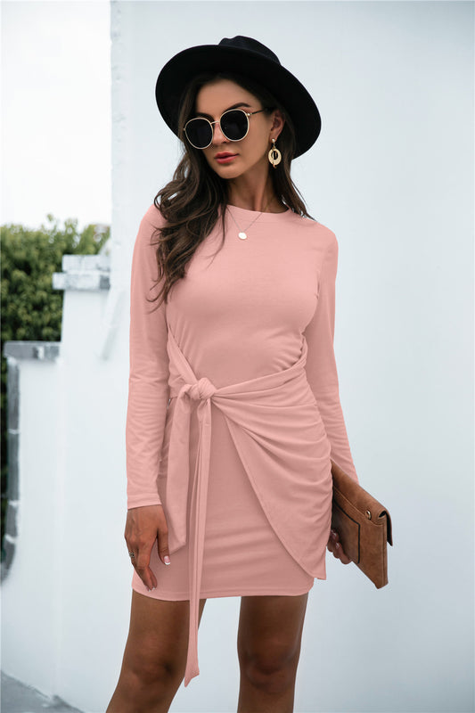 Tied Round Neck Long Sleeve Mini Dress (4 Variants)