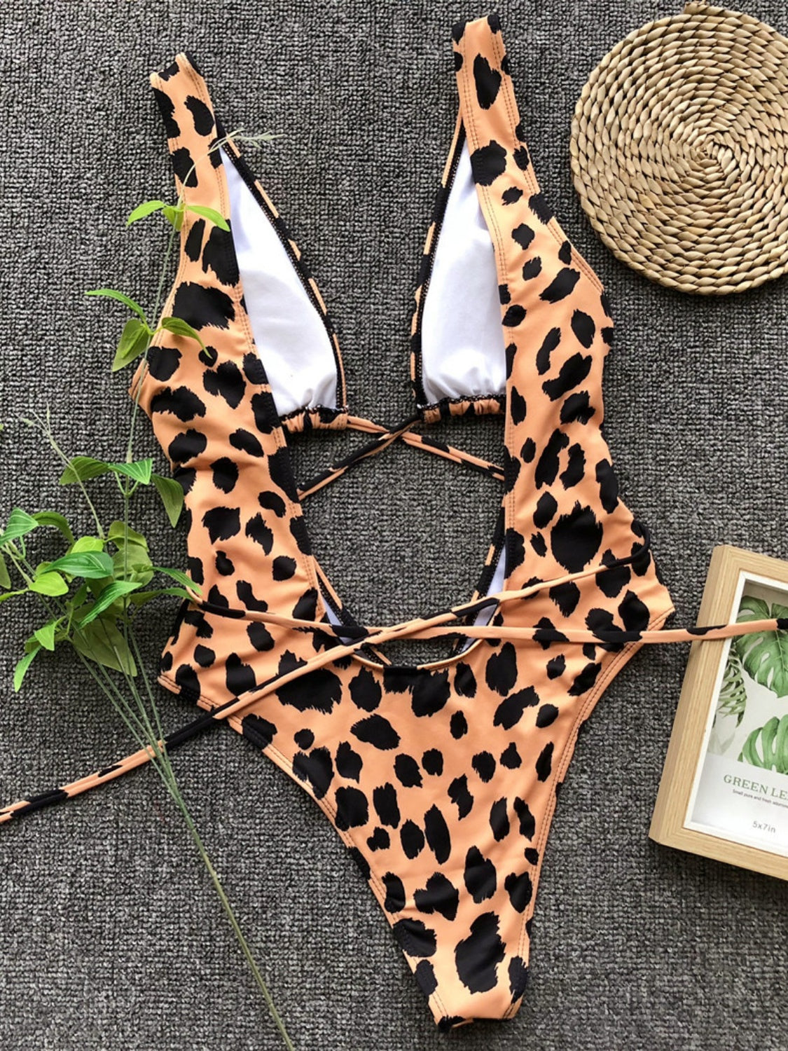 Animal Print Lace-Up Backless Plunge One-Piece Swimsuit (5 Variants)