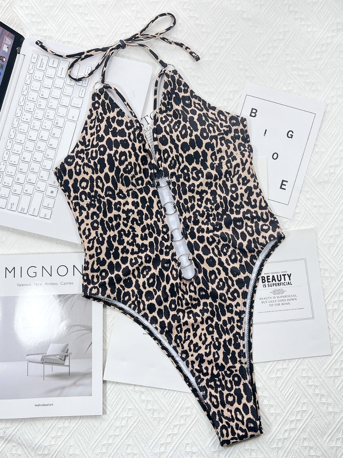 One-Piece Leopard Cutout Halter w/Metal Rings Swimsuit