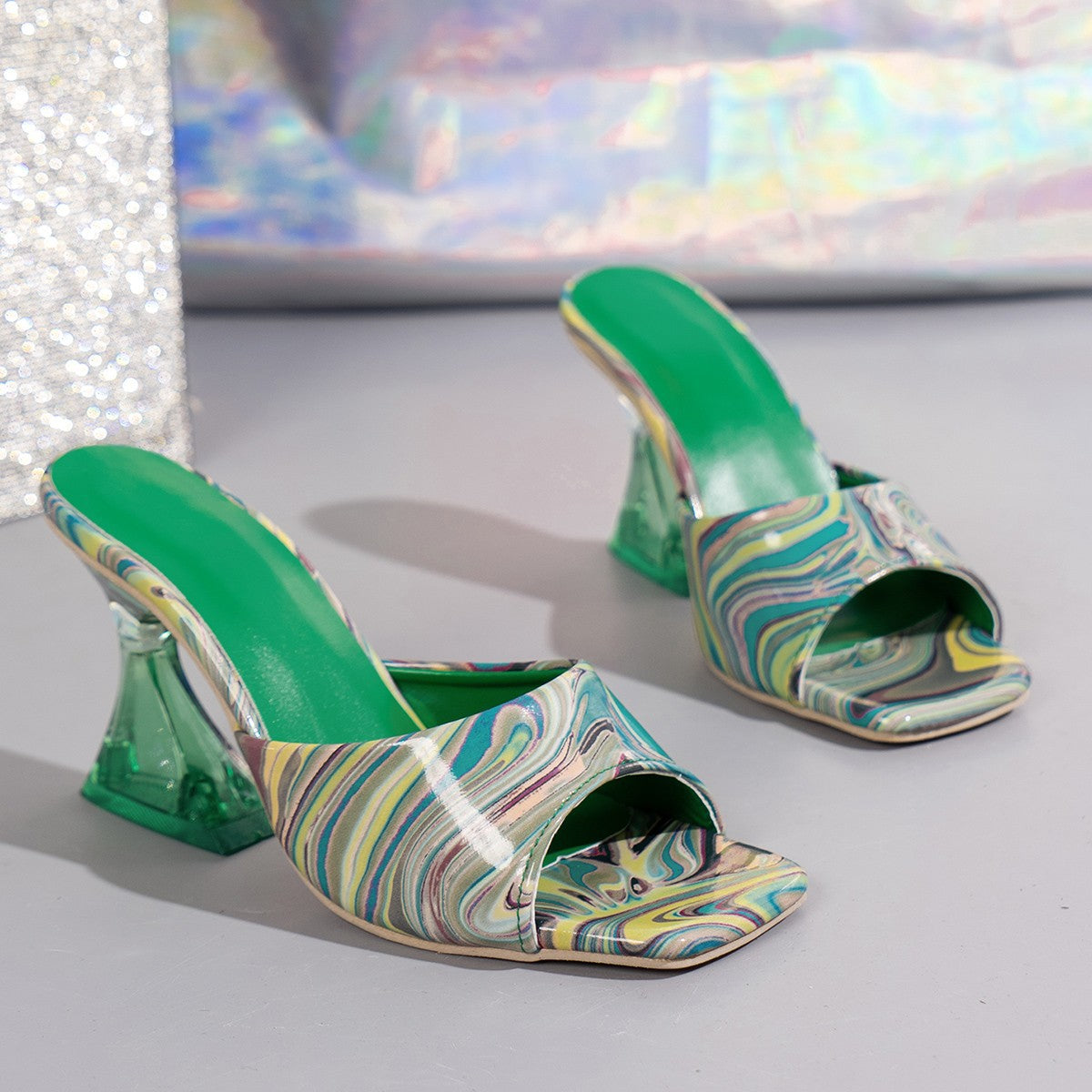 Paint Swirl Open Toe Mid Heels Sandals (3 Variants)