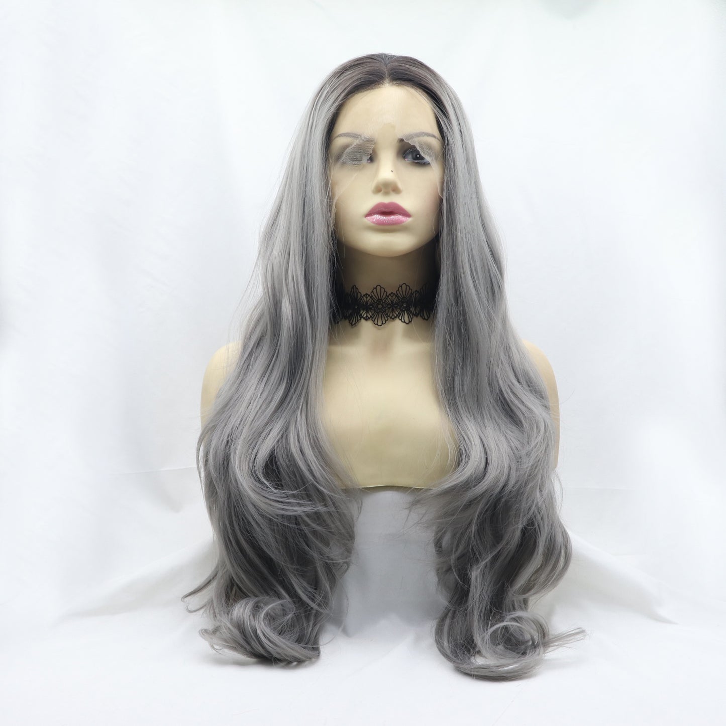 24'' Gray/Brown Root Long Wavy Lace Front Synthetic Wig