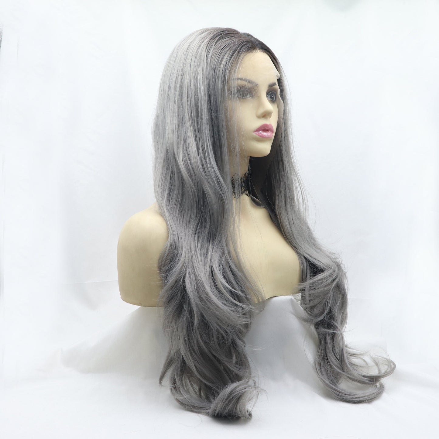 24'' Gray/Brown Root Long Wavy Lace Front Synthetic Wig