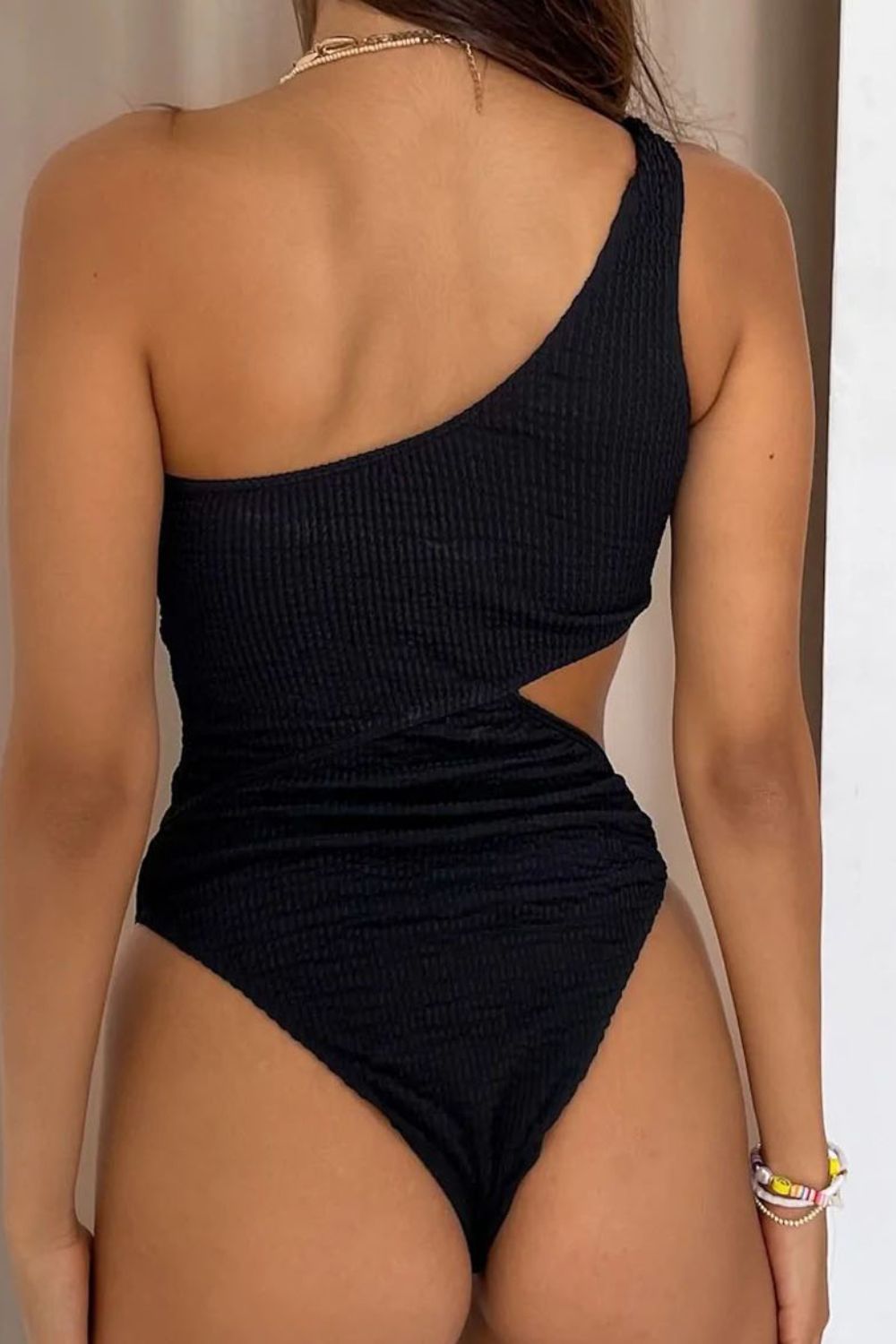 Cutout Single Shoulder One-Piece Swimwear (2 Variants)