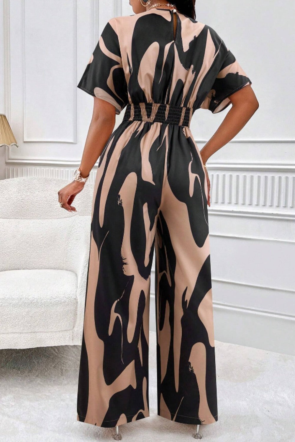 Printed V-Neck Short Sleeve Wide Leg Jumpsuit (4 Variants)