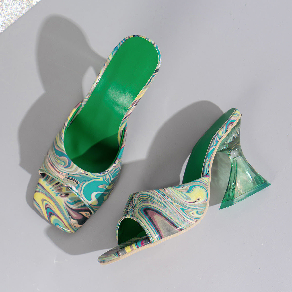 Paint Swirl Open Toe Mid Heels Sandals (3 Variants)