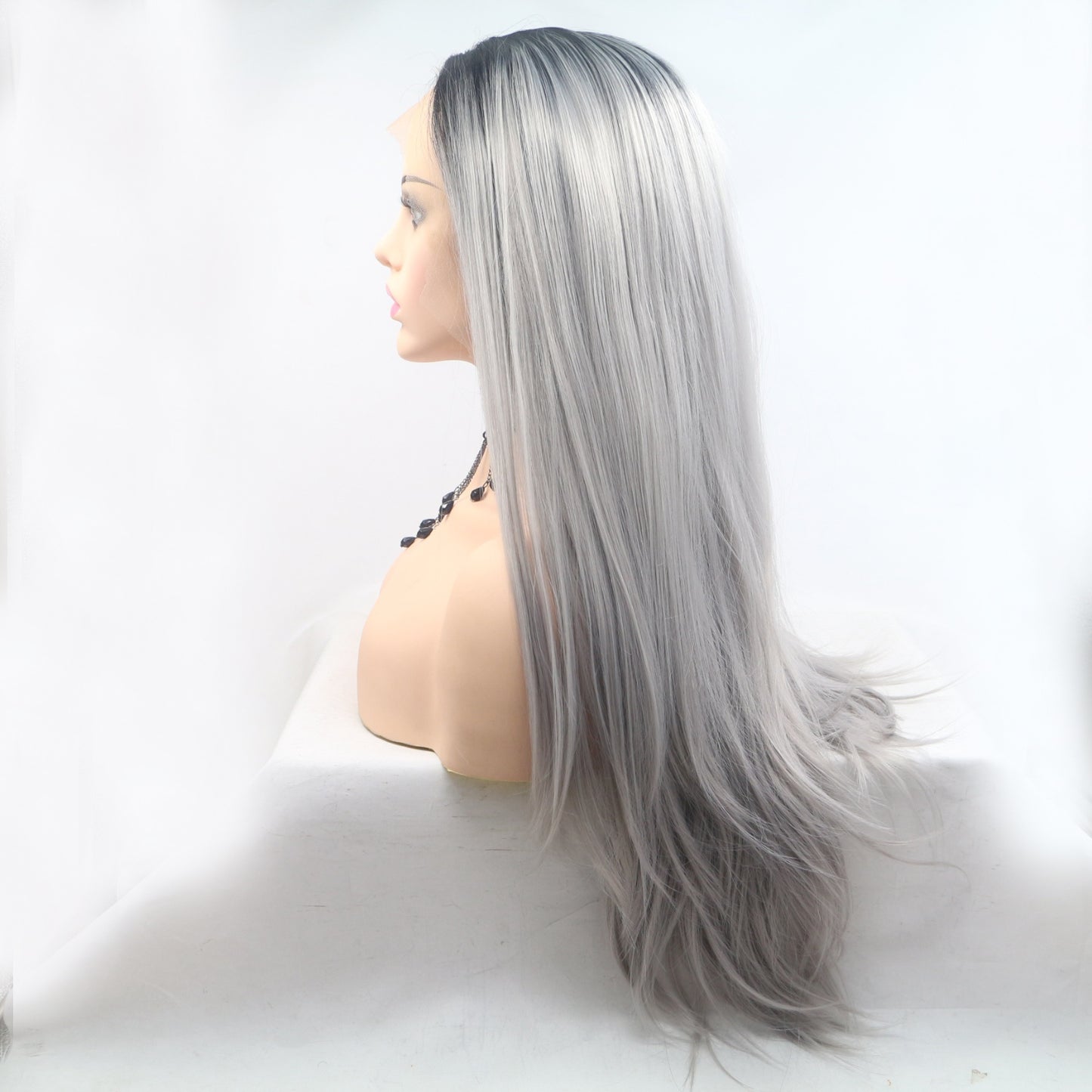 24" Gray/Black Root Long Straight Lace Front Synthetic Wig