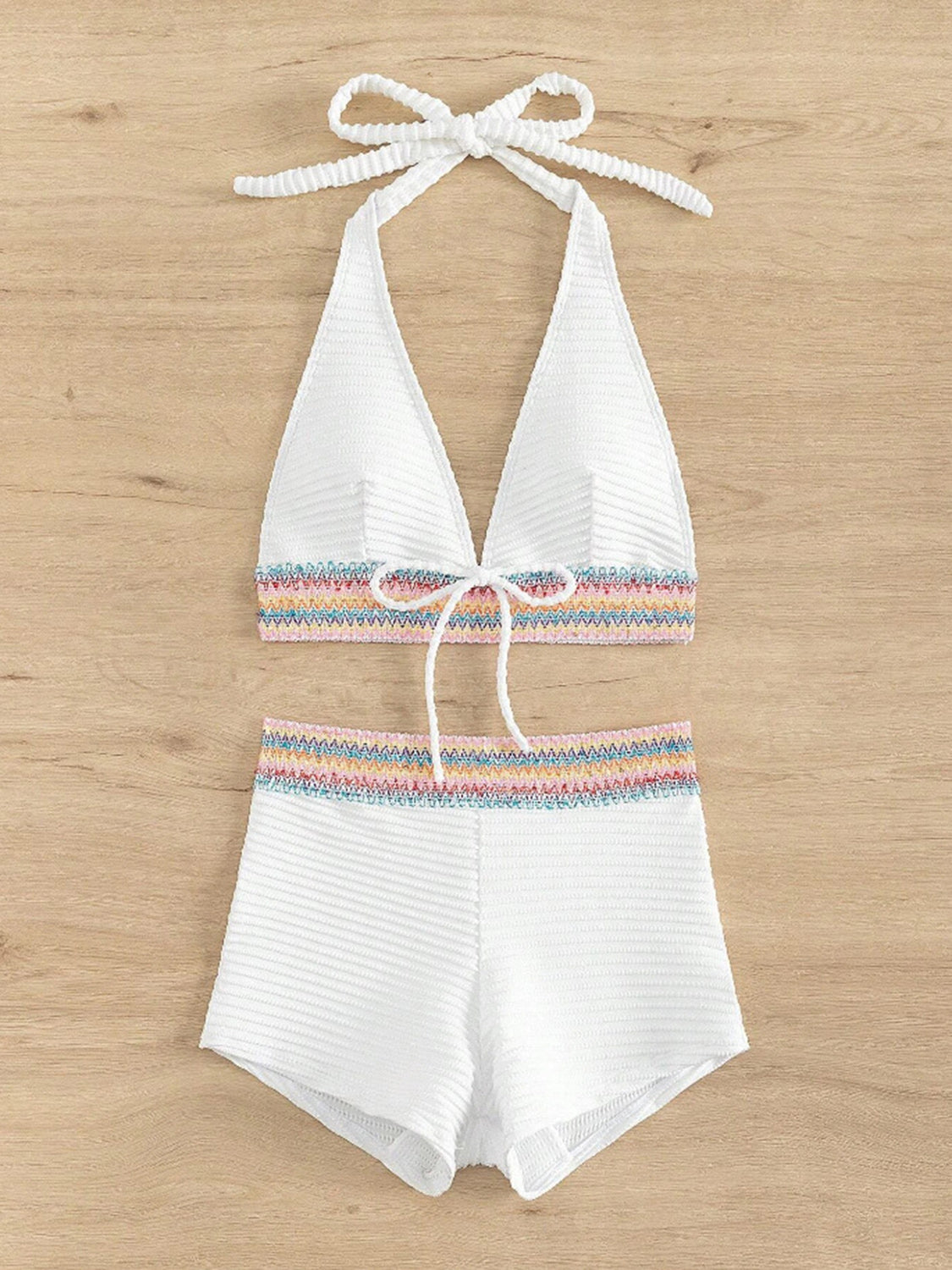 Backless Textured Halter Neck Two-Piece Swim Set