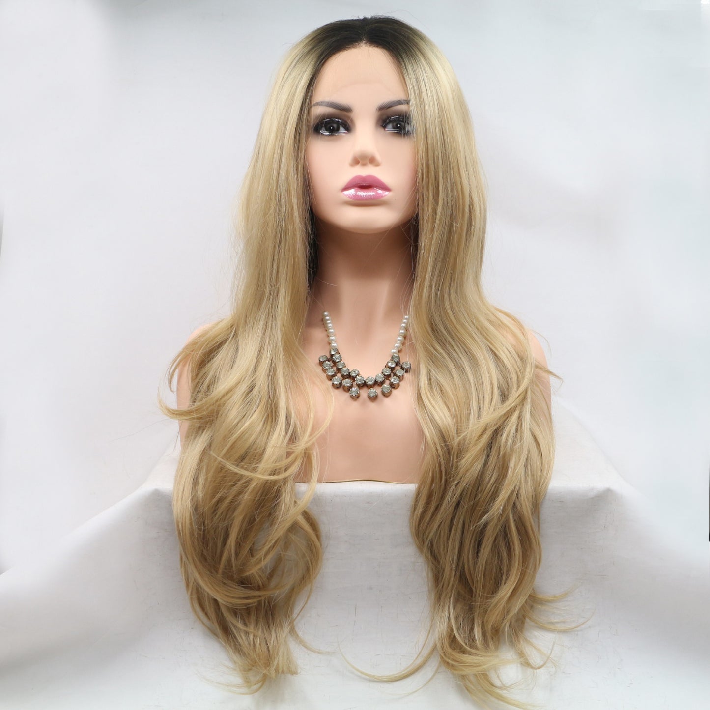 24'' Blonde/Brown Root Lace Front Long Loose Wave Synthetic Wig