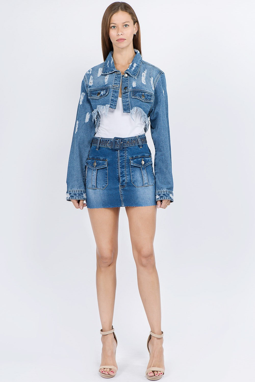 American Bazi Distressed Denim Jacket with Frayed Hem