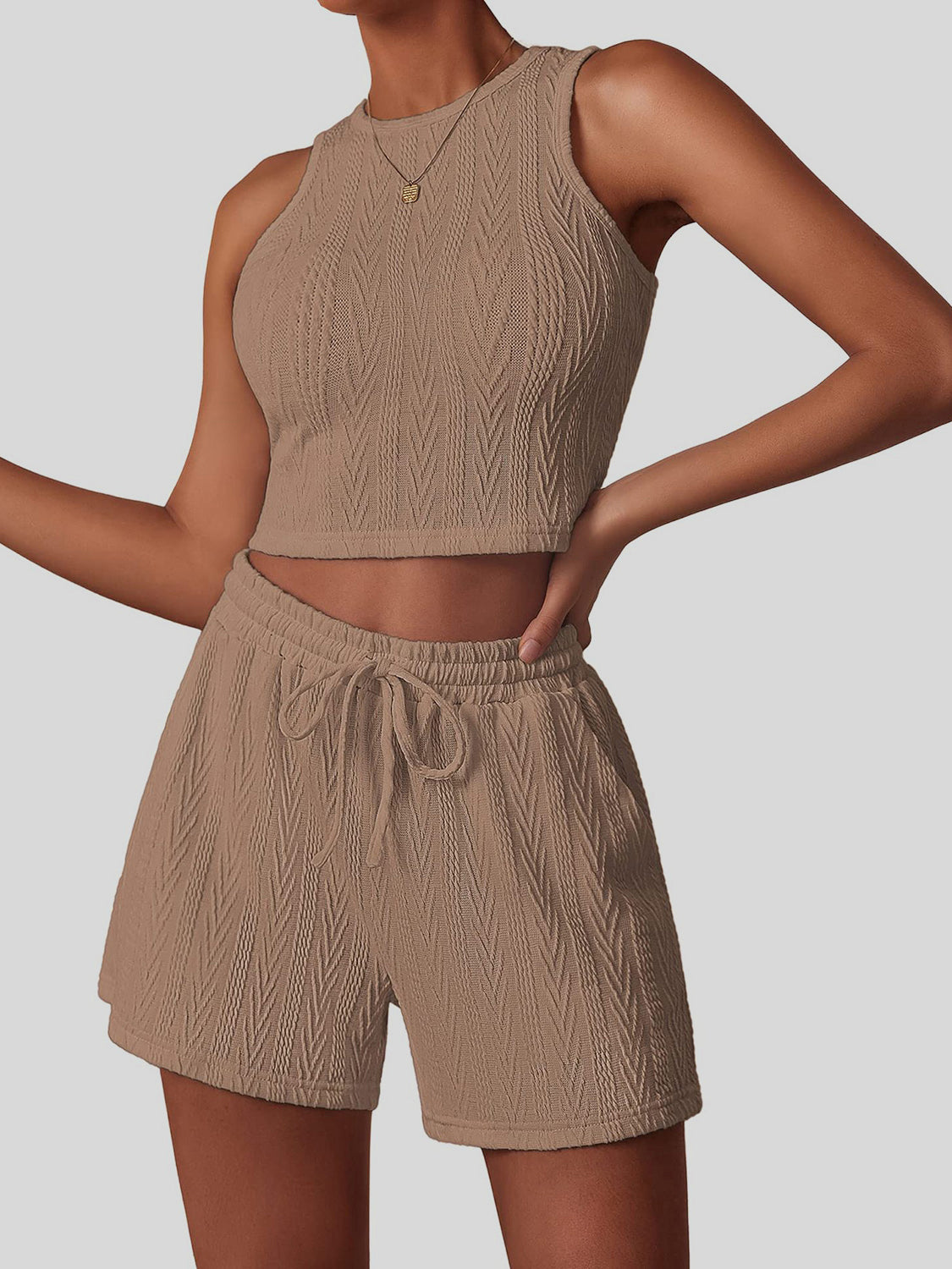 Textured Round Neck Top and Shorts Set