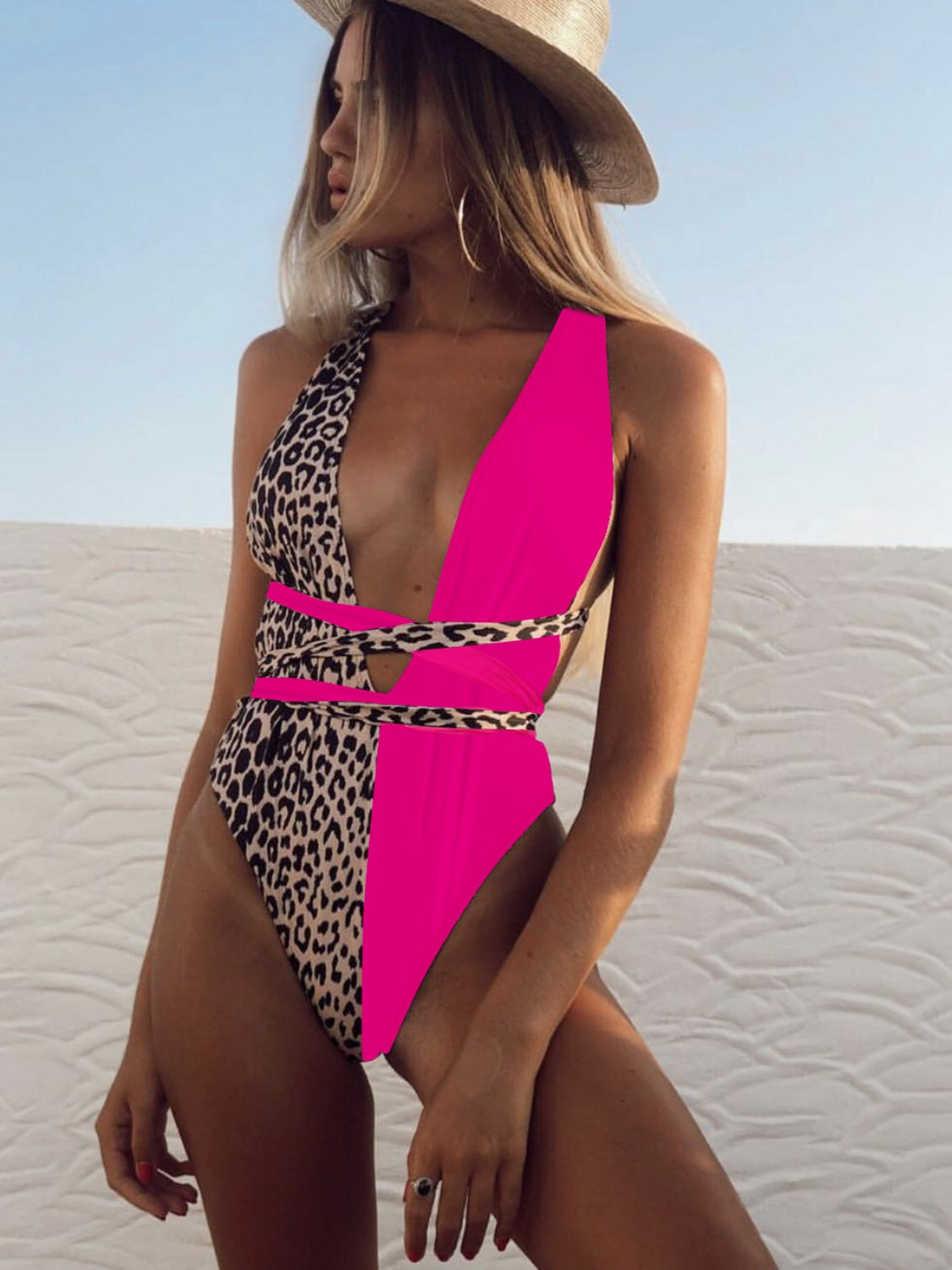 Tied Leopard Plunge One-Piece Swimwear (3 Variants)