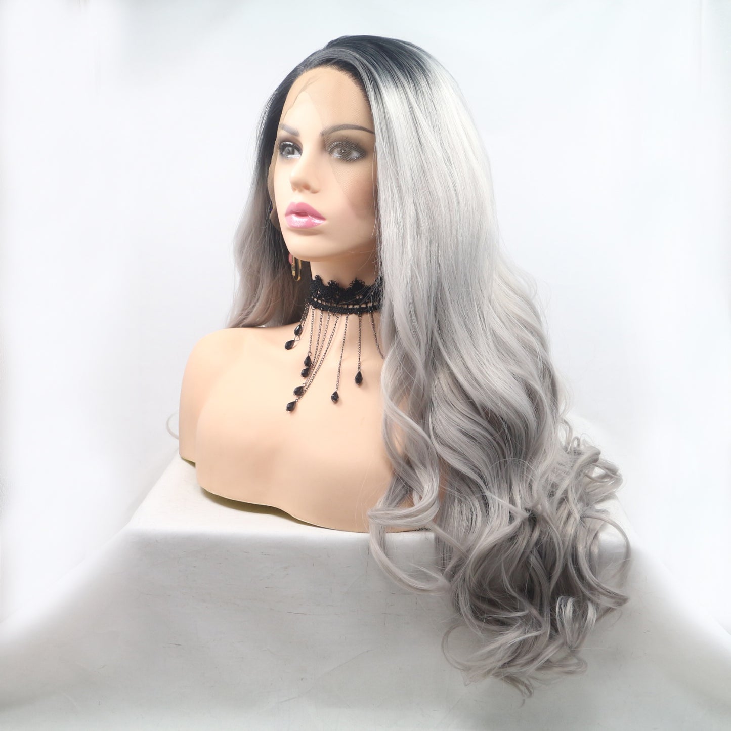 24'' Gray/Black Roots Deep Spiral Wave Lace Front Synthetic Wig