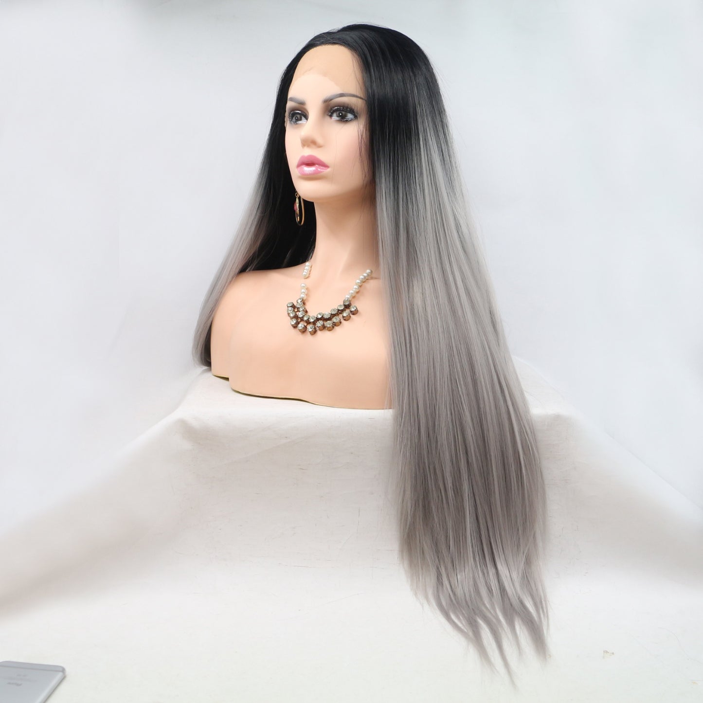 24'' Gray/Black Ombre Long Straight Lace Front Synthetic Wig