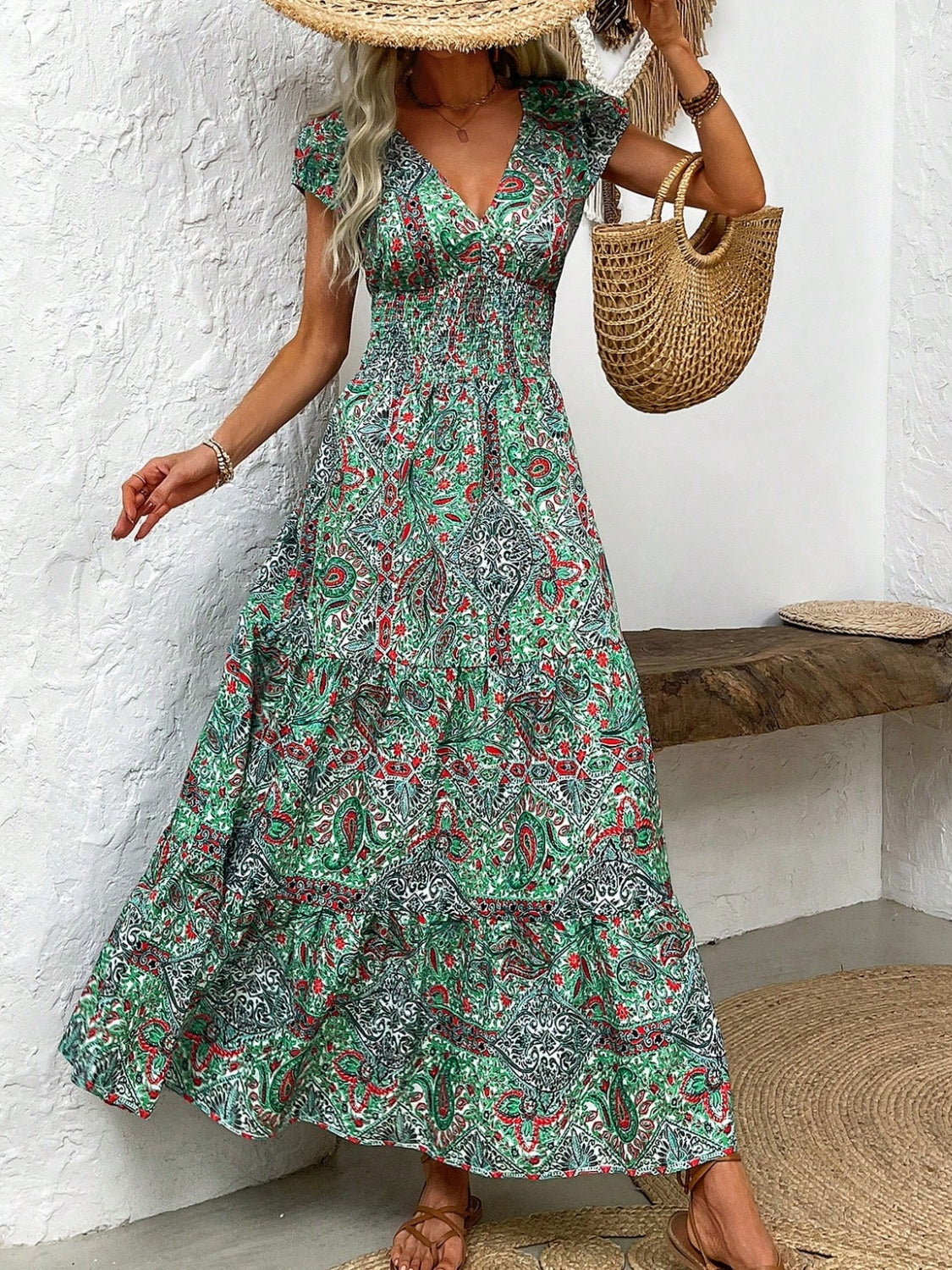 Smocked Printed Cap Sleeve Midi Dress (2 Variants)