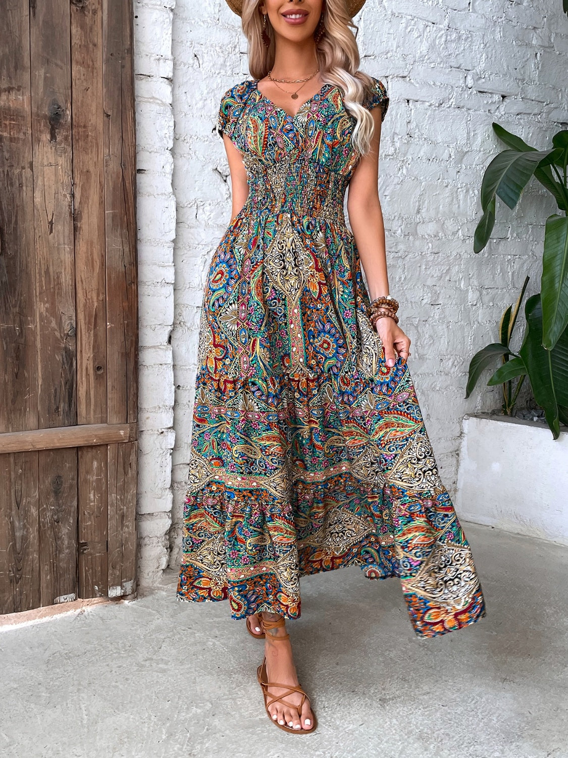 Smocked Printed Cap Sleeve Midi Dress (2 Variants)