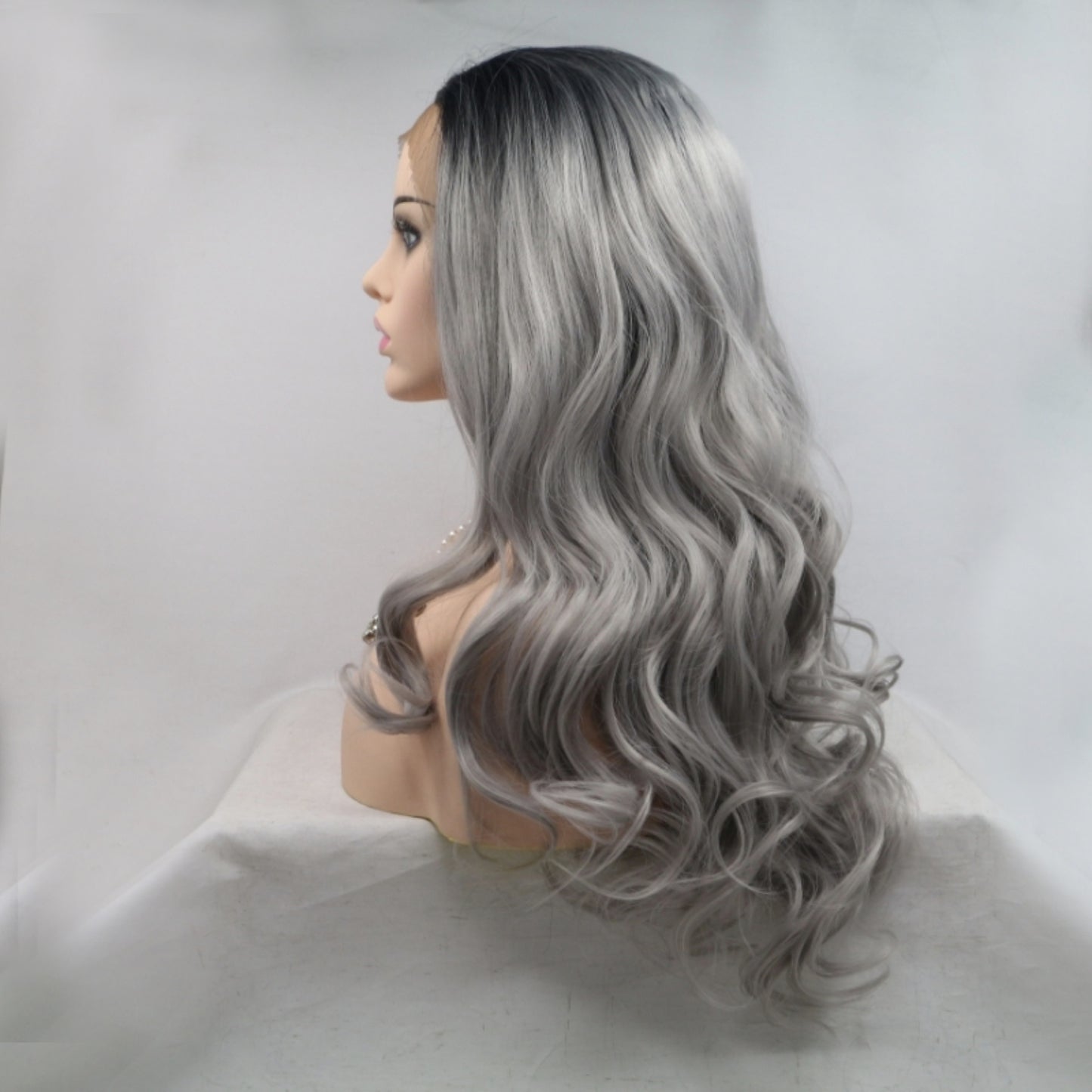 24'' Gray/Black Ombre Lace Front Synthetic Long Wave Wig