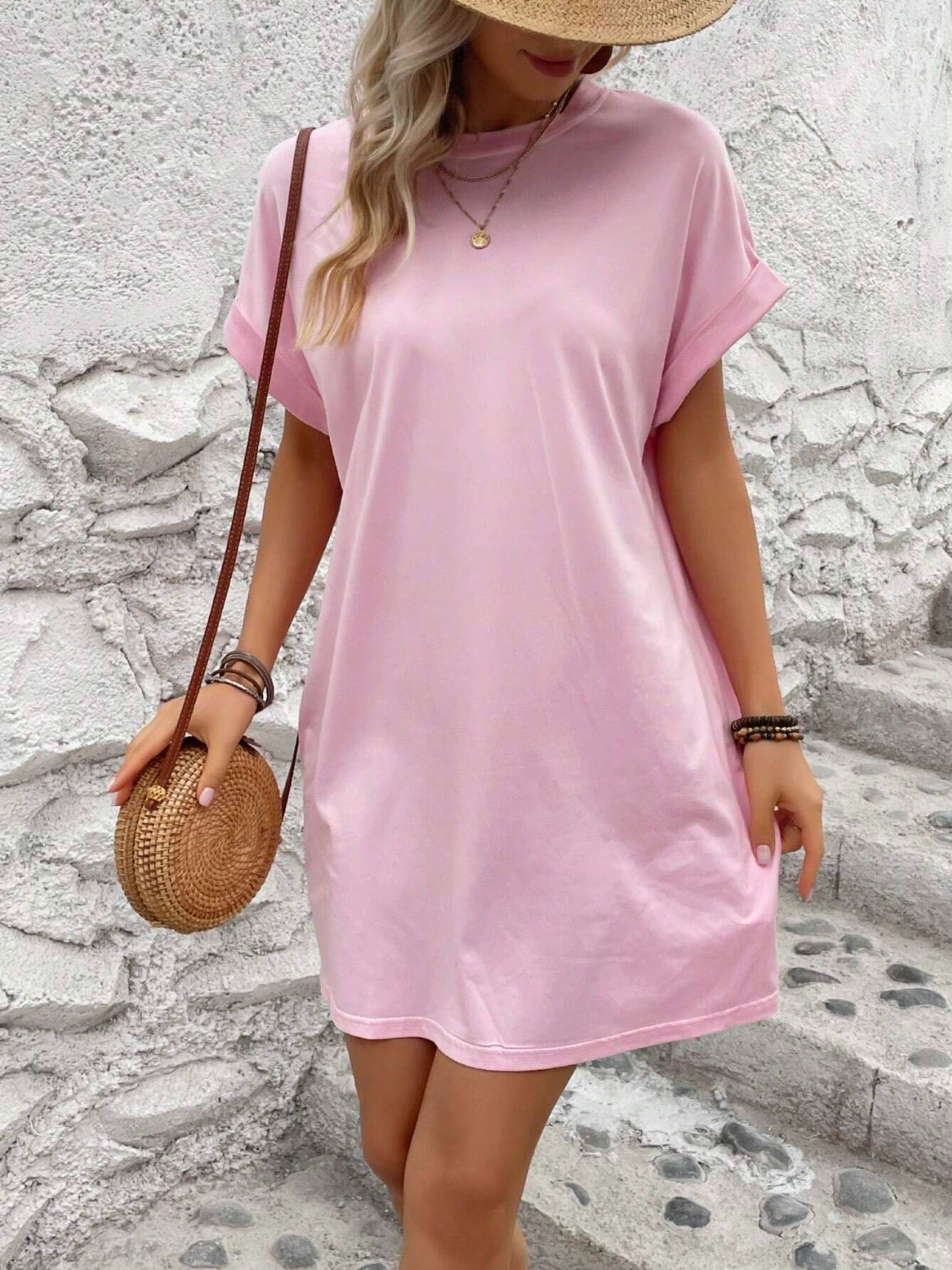 Round Neck Short Sleeve Mini Dress (8 Variants)