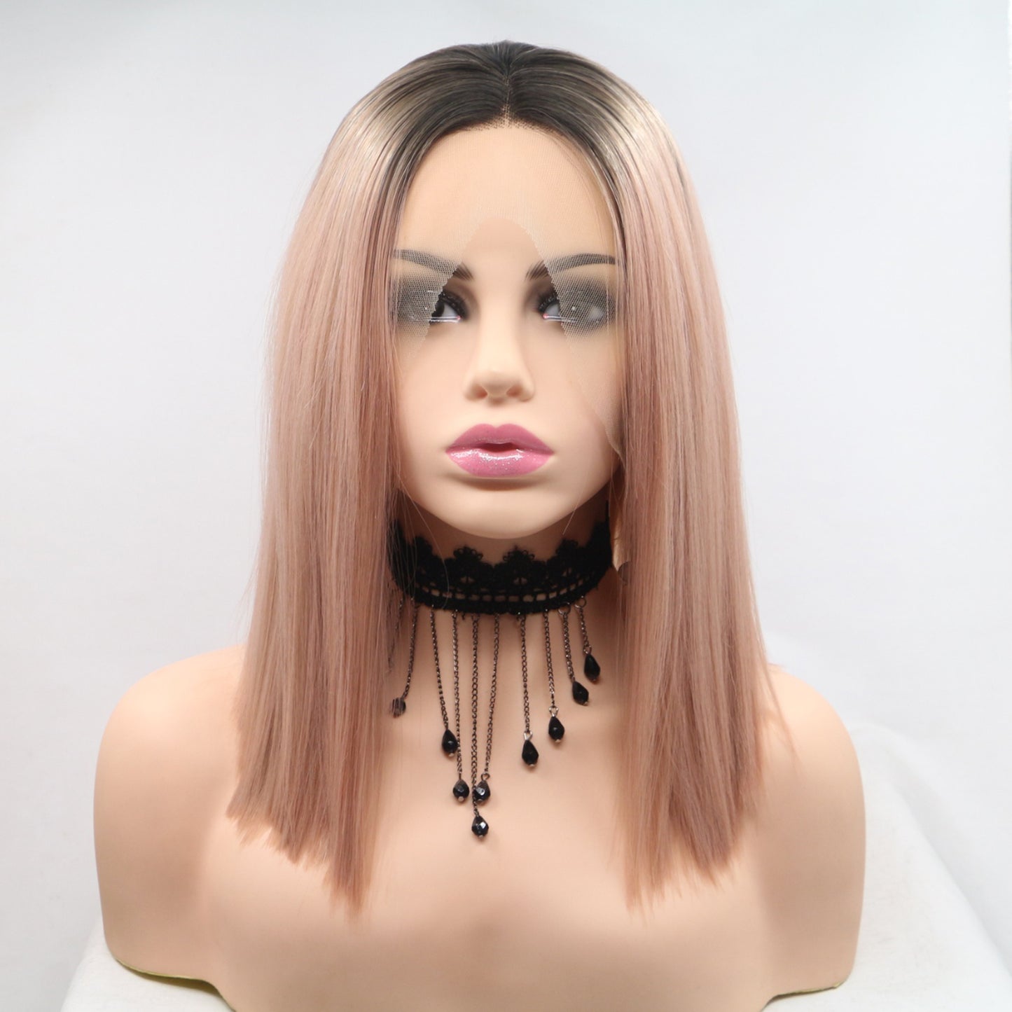 12" Blonde/Pink/Brown Root Straight Lace Front Synthetic Mid-length Wig