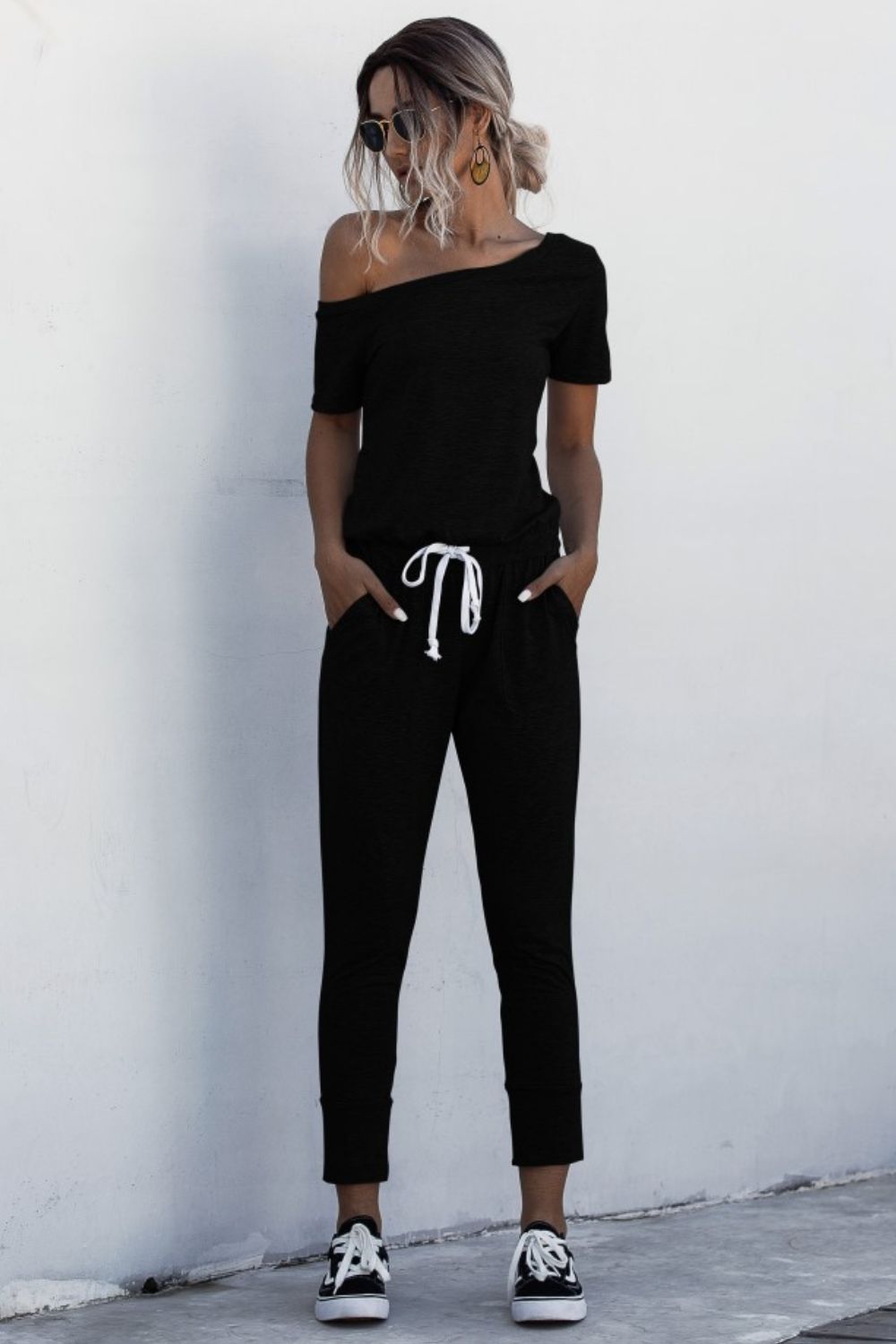 Asymmetrical Neck Tied Jumpsuit with Pockets (4 Variants)