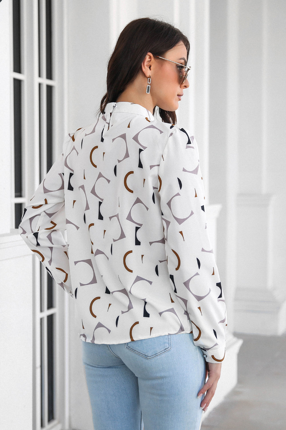 Printed Gathered Detail Mock Neck Blouse