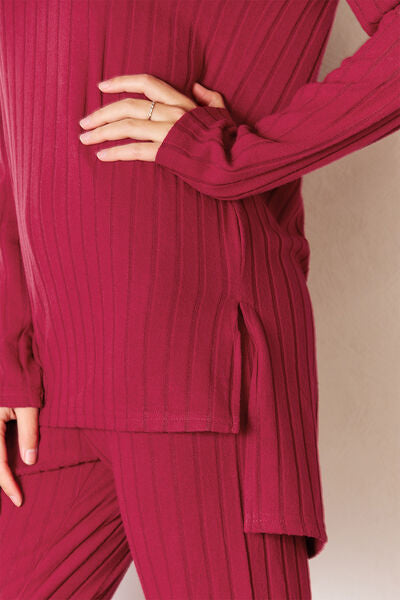 Ribbed High-Low Long Sleeve Top & Pants Set (Regular-Full Sizes)