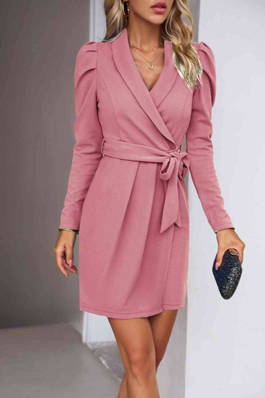 Tie Waist Long Puff Sleeve Dress (5 Variants)