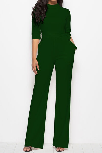 Mock Neck Tie-Waist Half Sleeve Jumpsuit (7 Variants)