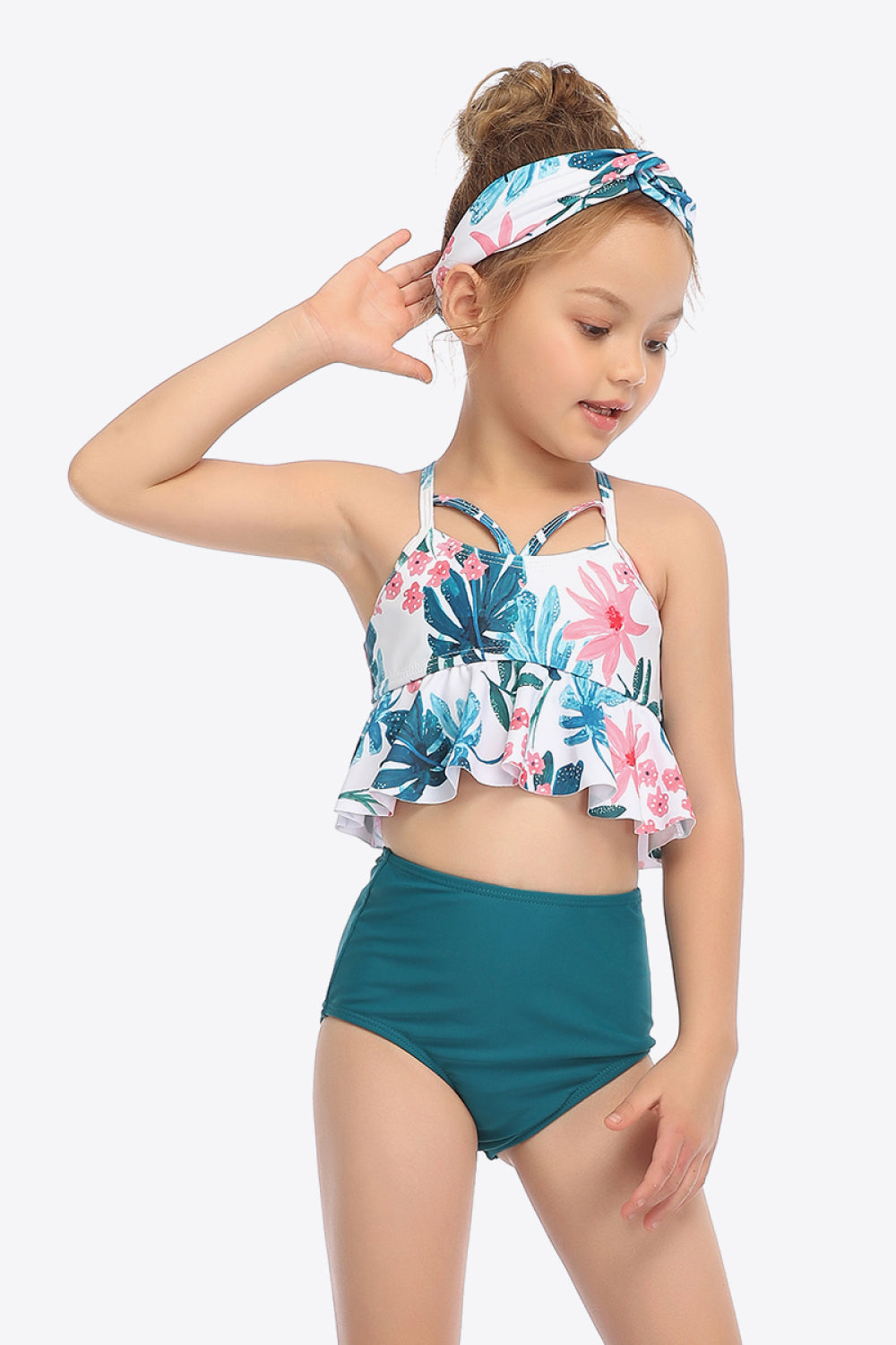 Girls Botanical Print Crisscross Ruffled Two-Piece Swim Set