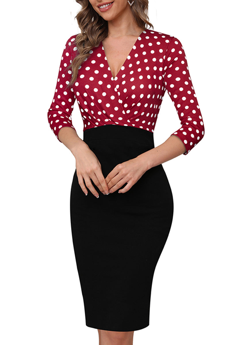 Surplice Neck Polka Dot Pencil Dress (2 Variants)