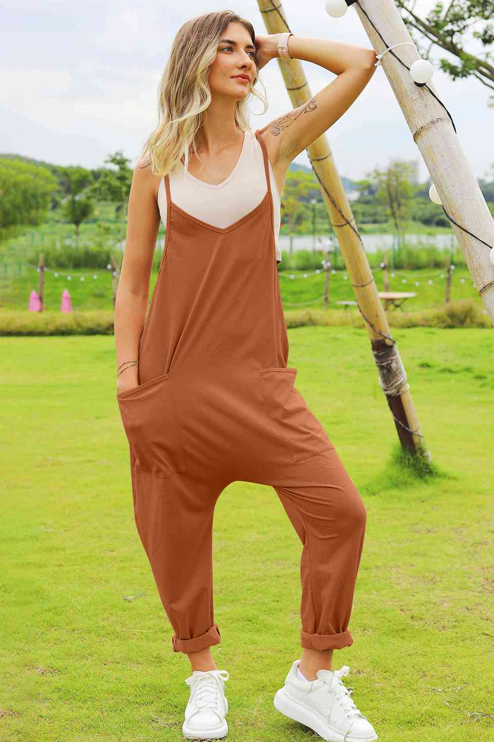 Double Take Full Size Sleeveless V-Neck Pocketed Jumpsuit (4 Variants)