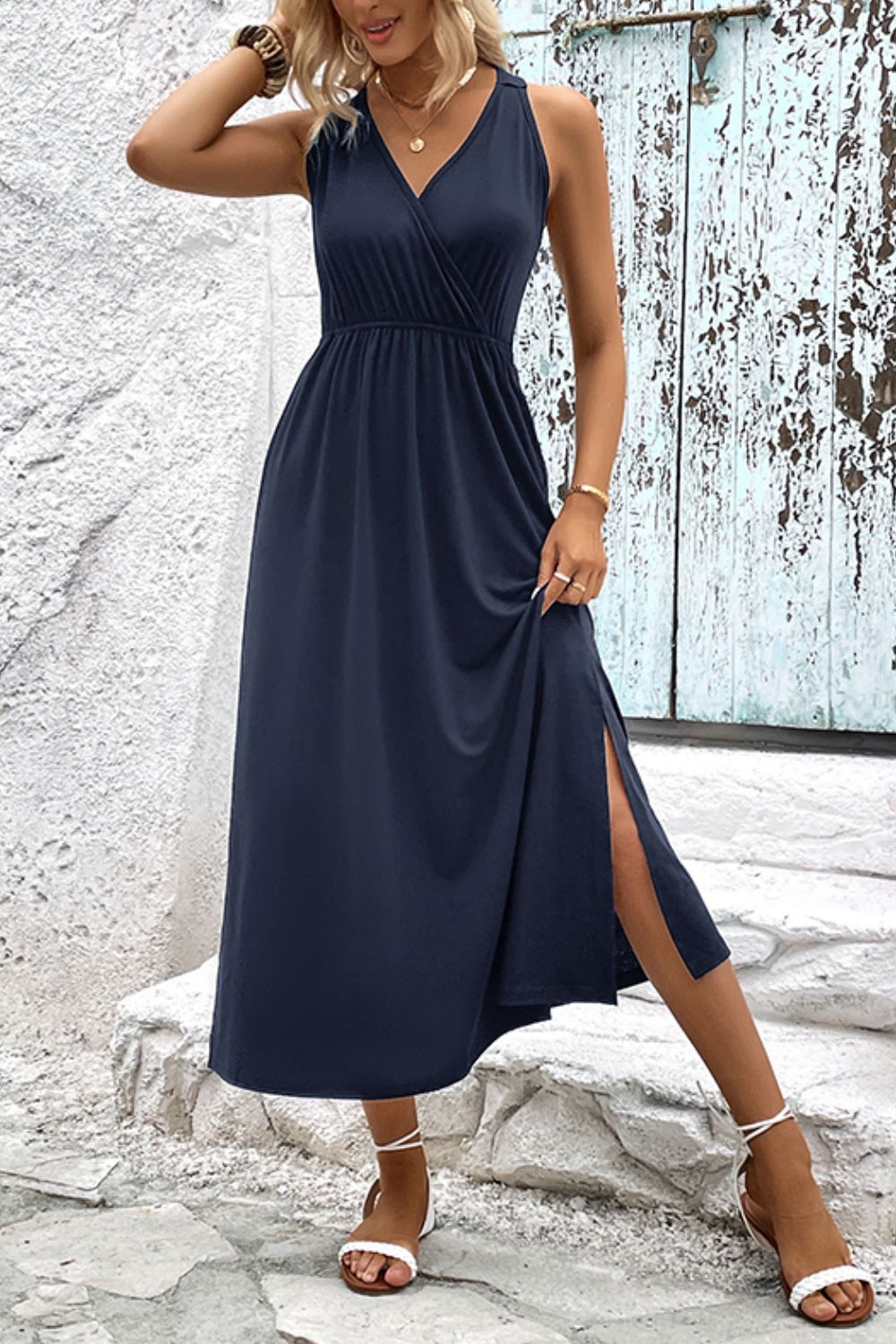 Surplice Neck Slit Sleeveless Dress (2 Variants)