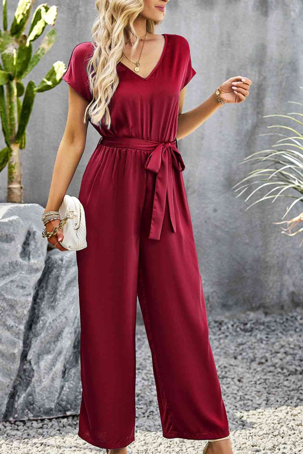 Tie Belt V-Neck Short Sleeve Jumpsuit (3 Variants)