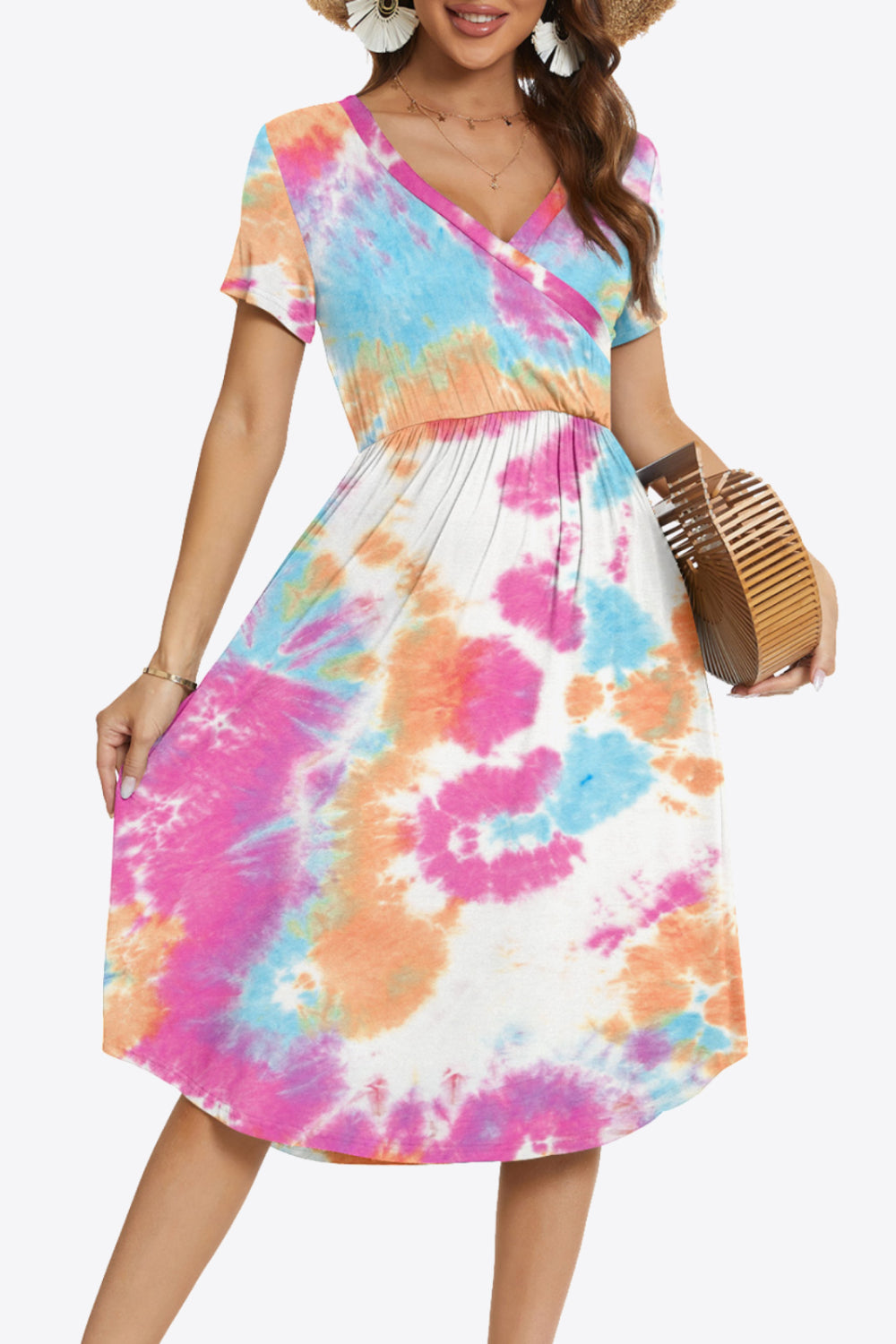 Printed Surplice Neck Short Sleeve Dress with Pockets