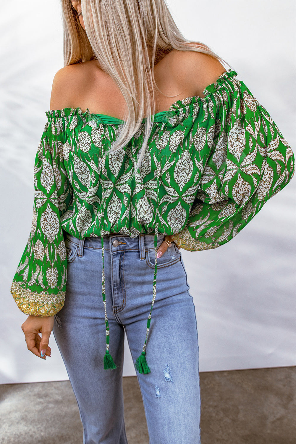 Printed Tassel Tie Balloon Sleeve Blouse